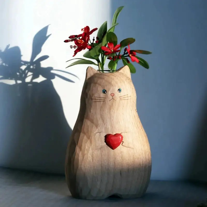 Handmade Wooden Cat Vase
