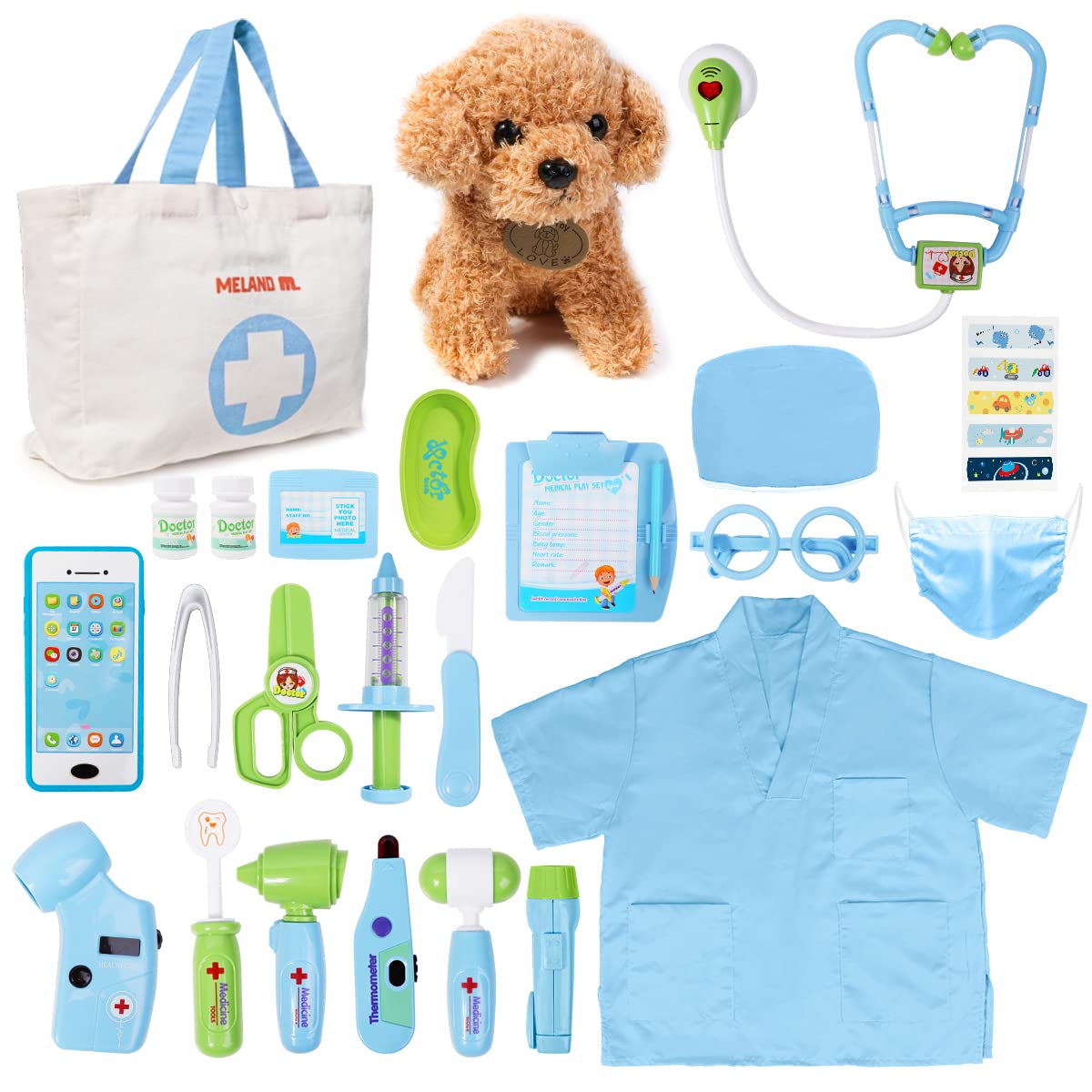 Meland Toy Doctor Kit for Girls, Pretend Play Toy Doctor Set with Dog , Carrying Bag, Stethoscope & Dress Up Costume Gift for Kids Toddlers Ages 3 4 5 6 Year Old for Role Play