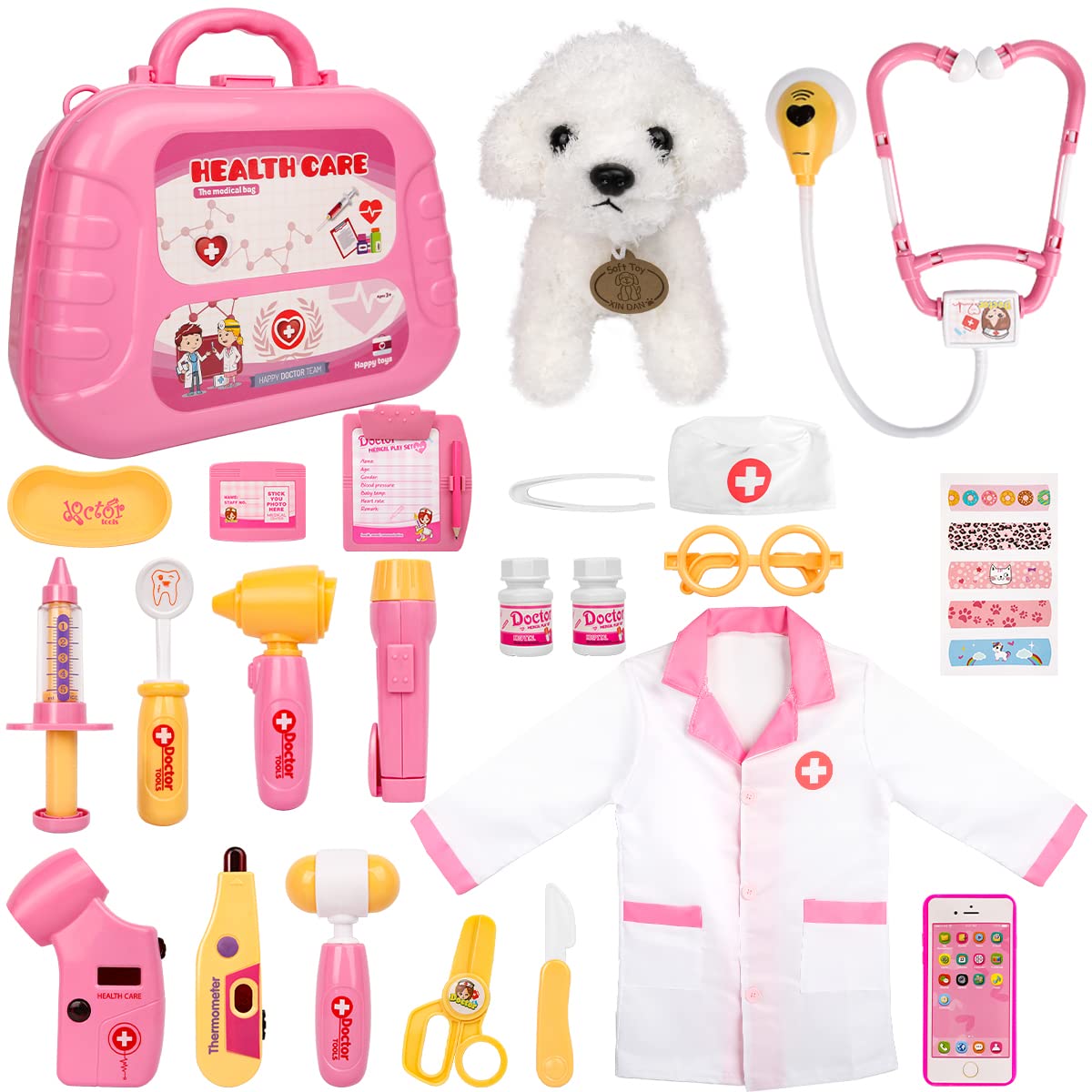 Meland Toy Doctor Kit for Girls, Pretend Play Toy Doctor Set with Dog , Carrying Bag, Stethoscope & Dress Up Costume Gift for Kids Toddlers Ages 3 4 5 6 Year Old for Role Play