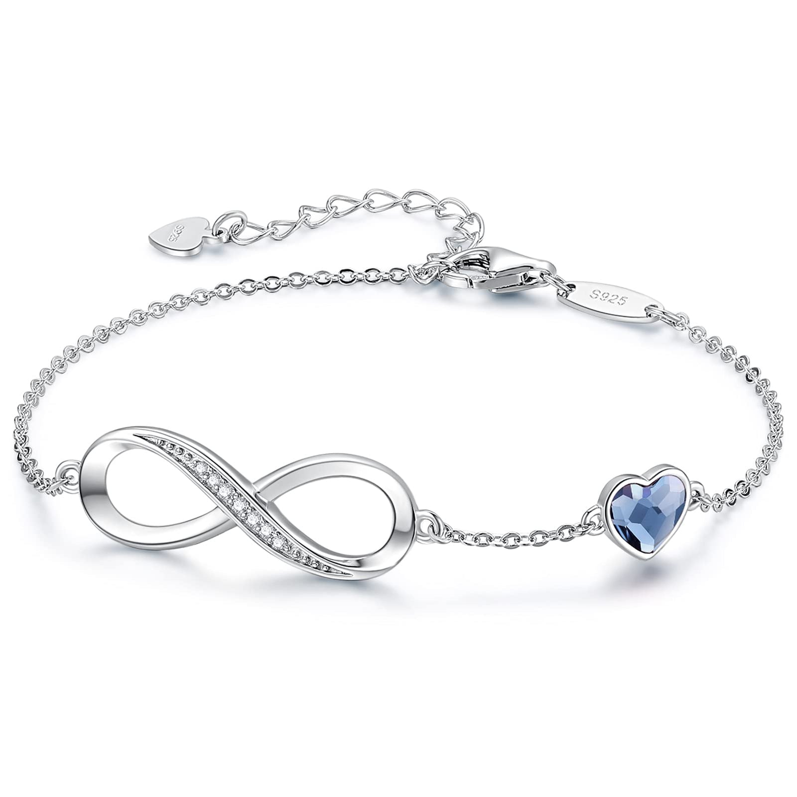 CDE Infinity Heart Birthstone Charm Link Bracelet for Women 925 Sterling Silver Adjustable Mother's Day Christmas Day Gift Anniversary Birthday Jewelry for Wife Girlfriend Her