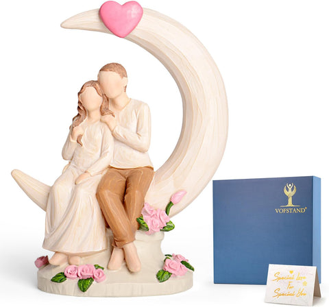 Wedding Anniversary Figurine Gifts for Couple - Romantic Anniversary Engagement Gifts for Wife Women Girlfriend Her, Couple on Moon with Roses Resin Statue for Valentine's Day