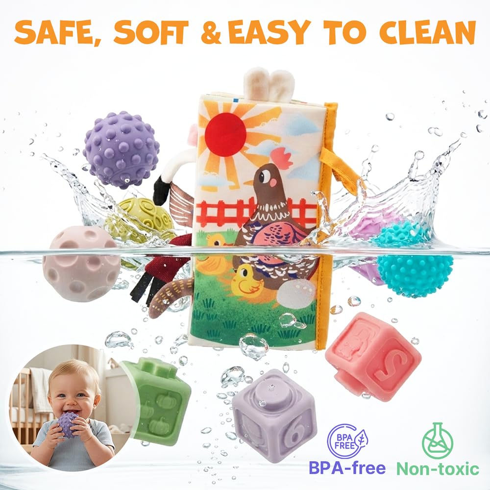 JoyCat Baby Toys 6-12 Months, Montessori Sensory Baby Toy Set with Stacking Cups, Soft Blocks, Tissue Box Toy, Spinner Toys, Sensory Balls, Cloth Book, Infant Learning Toys, Baby Shower Gift