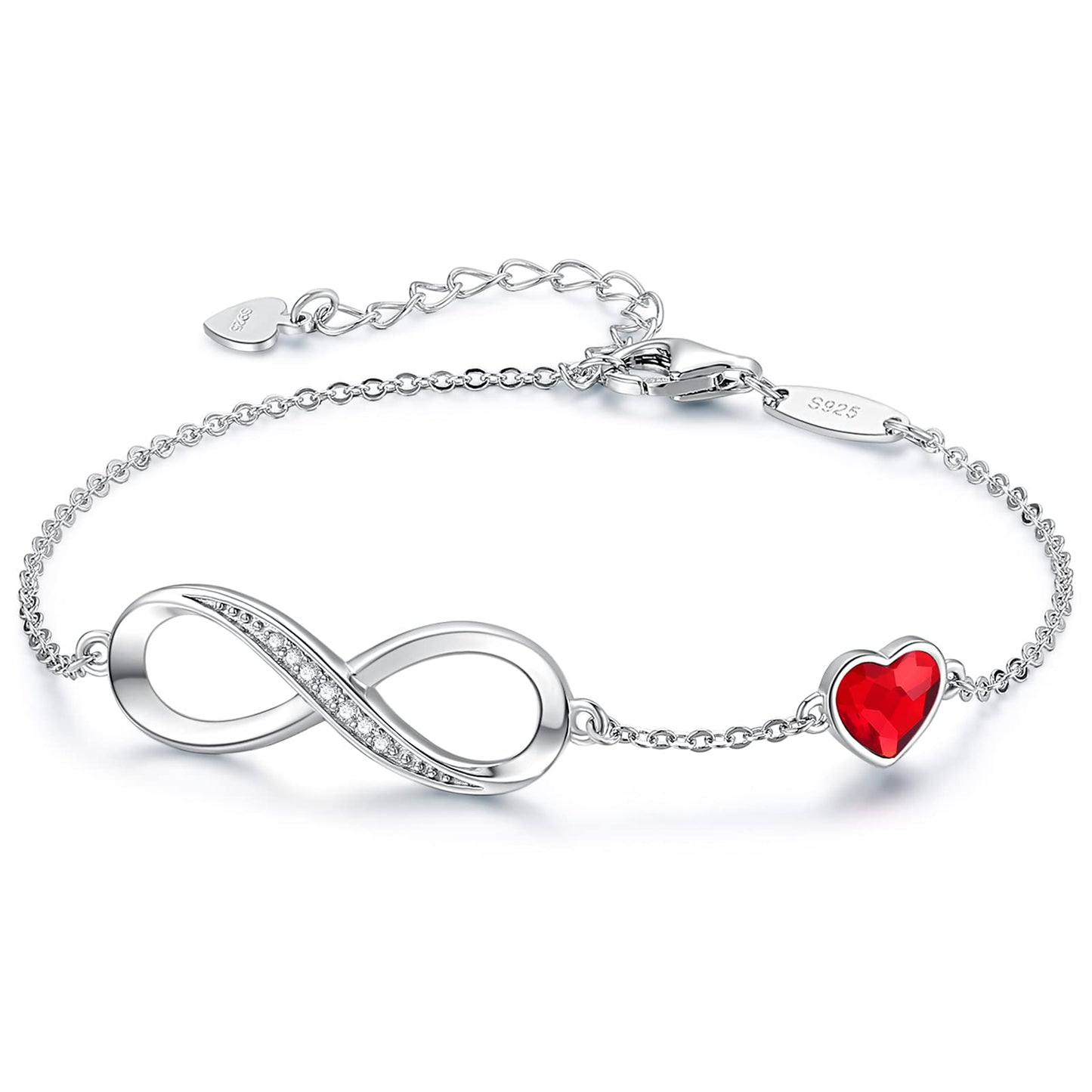 CDE Infinity Heart Birthstone Charm Link Bracelet for Women 925 Sterling Silver Adjustable Mother's Day Christmas Day Gift Anniversary Birthday Jewelry for Wife Girlfriend Her