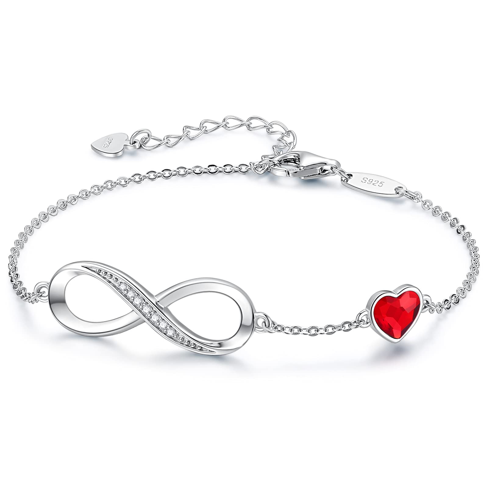 CDE Infinity Heart Birthstone Charm Link Bracelet for Women 925 Sterling Silver Adjustable Mother's Day Christmas Day Gift Anniversary Birthday Jewelry for Wife Girlfriend Her