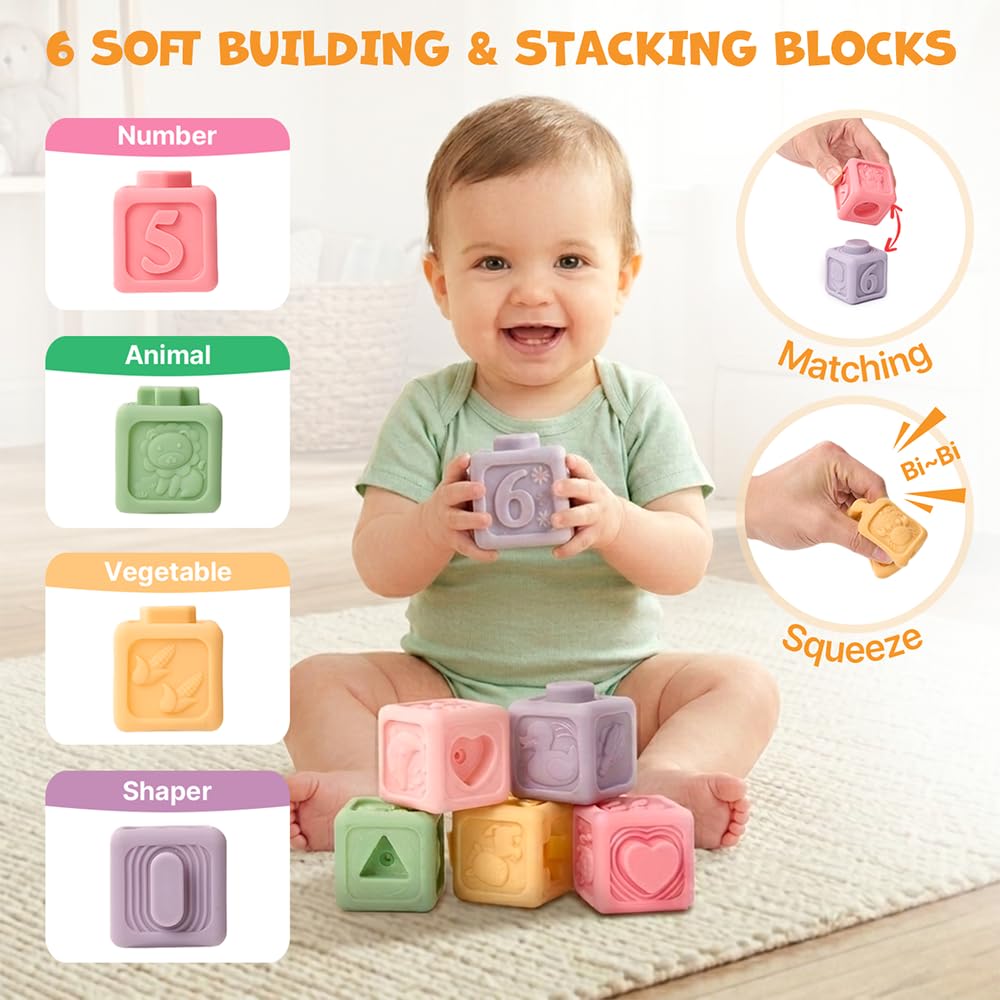 JoyCat Baby Toys 6-12 Months, Montessori Sensory Baby Toy Set with Stacking Cups, Soft Blocks, Tissue Box Toy, Spinner Toys, Sensory Balls, Cloth Book, Infant Learning Toys, Baby Shower Gift