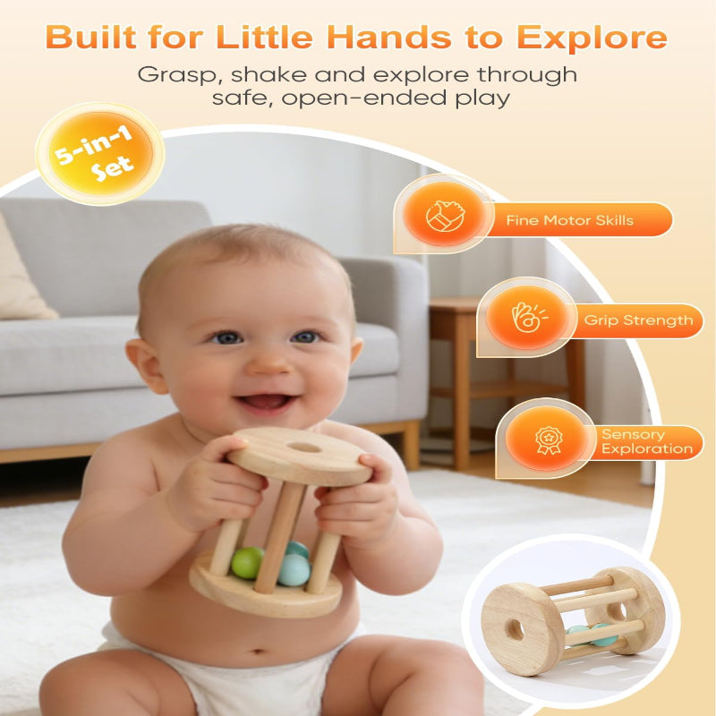 Montessori Toys for Babies 0-6 6-12 Months, Sensory Developmental Baby Toys, Tummy Time Toy - 5 in 1 Wooden Learning Toy Set, High Contrast Cards, Mirror & Spinning Drum for Newborn Infant Gift