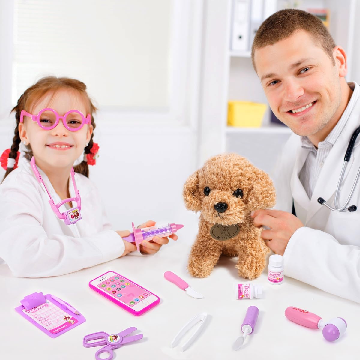 Meland Toy Doctor Kit for Girls, Pretend Play Toy Doctor Set with Dog , Carrying Bag, Stethoscope & Dress Up Costume Gift for Kids Toddlers Ages 3 4 5 6 Year Old for Role Play