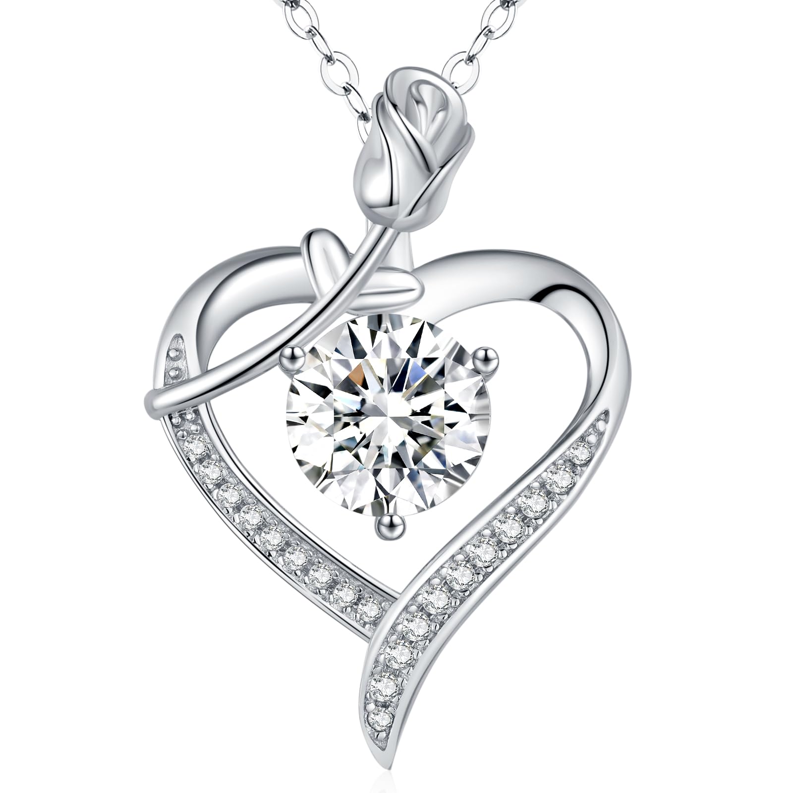 Rose Heart Pendant Necklace for Wife Moissanite Lab-Created Gem Jewelry for Women I Love You Wedding Anniversary Birthday Christmas Valentines Engagements Mothers Day for Her Girlfriend Mom Daughter