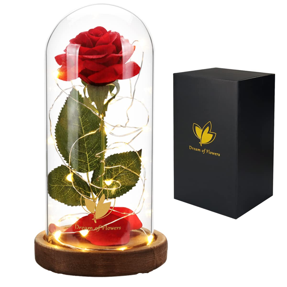 Christmas Flower Gifts for Women,Beauty and The Beast Rose in Glass Dome with 2 Light Modes,Eternal Rose Romantic Xmas Gift for Her,Xmas Birthday Gifts for Women Mom Wife Girlfriend,Silk Red Rose