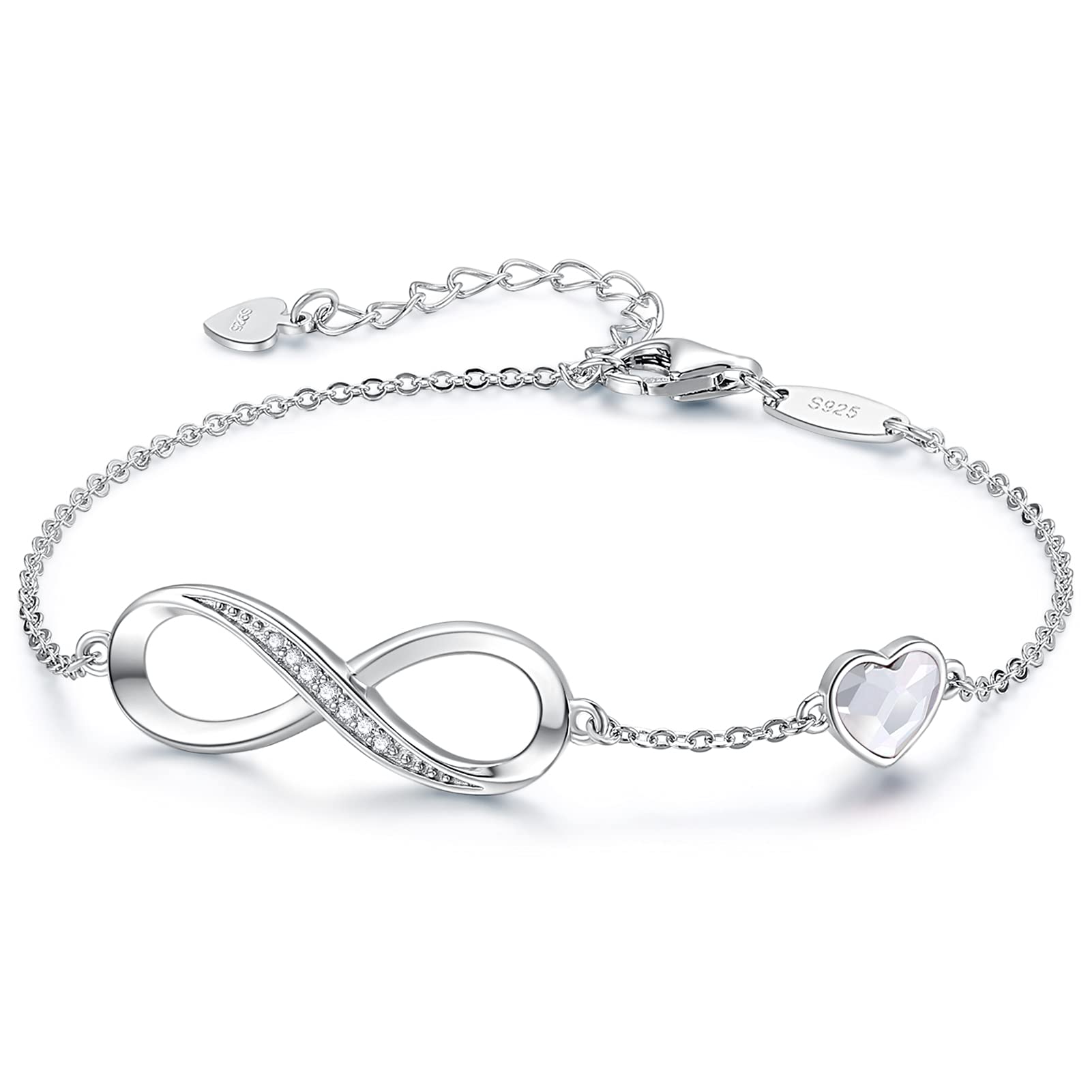 CDE Infinity Heart Birthstone Charm Link Bracelet for Women 925 Sterling Silver Adjustable Mother's Day Christmas Day Gift Anniversary Birthday Jewelry for Wife Girlfriend Her