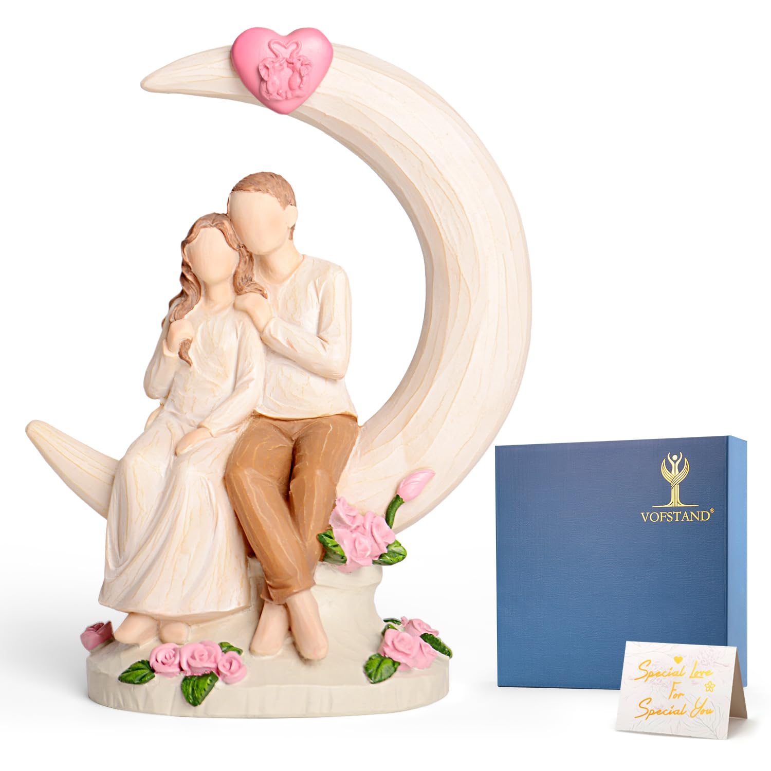 Wedding Anniversary Figurine Gifts for Couple - Romantic Anniversary Engagement Gifts for Wife Women Girlfriend Her, Couple on Moon with Roses Resin Statue for Valentine's Day