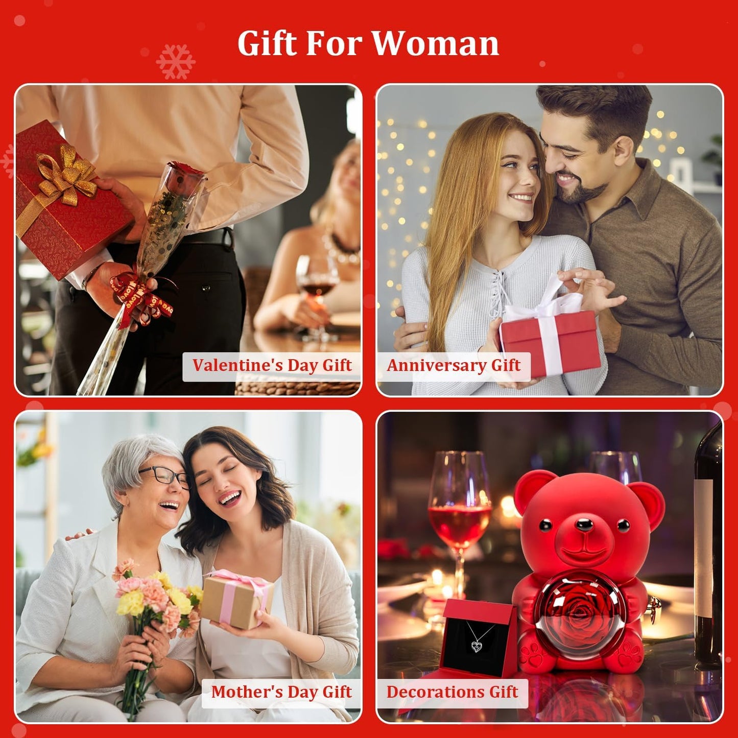 HITOP Rose Gifts for Women - Cute Teddy Bear with Preserved Real Roses Forever Flowers and I Love You in 100 Languages Necklace for Girlfriend Her Wife Mom Grandma on Birthdays, Anniversaries