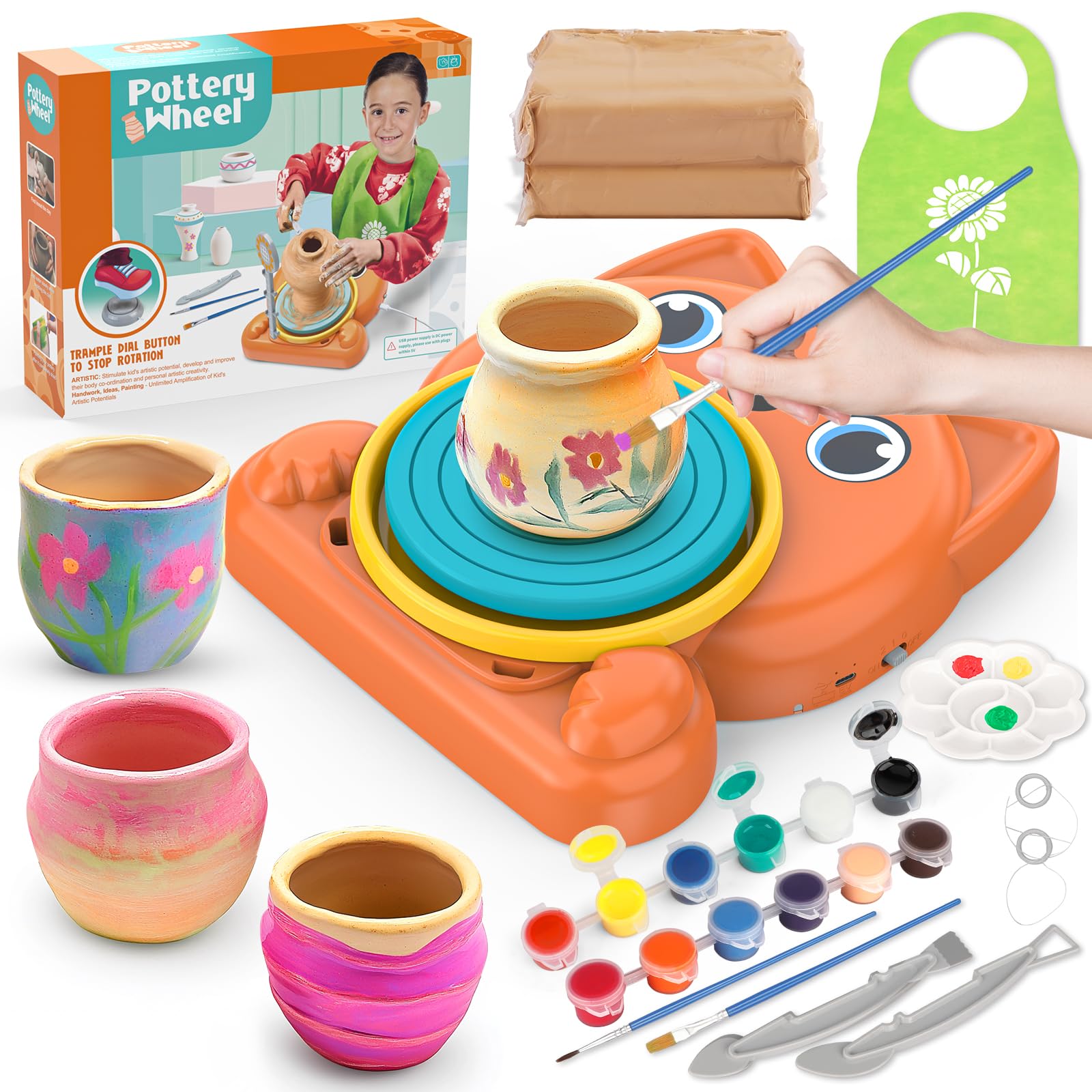 Pottery Wheel for Kids - Complete Pottery Painting Kit Arts and Crafts for Kids Ages 8-12 with 3 Pack Air Dry Clay Art Supplies Toys for Girls Boy Birthday Gift for 6 7 8 9 10 11 12+