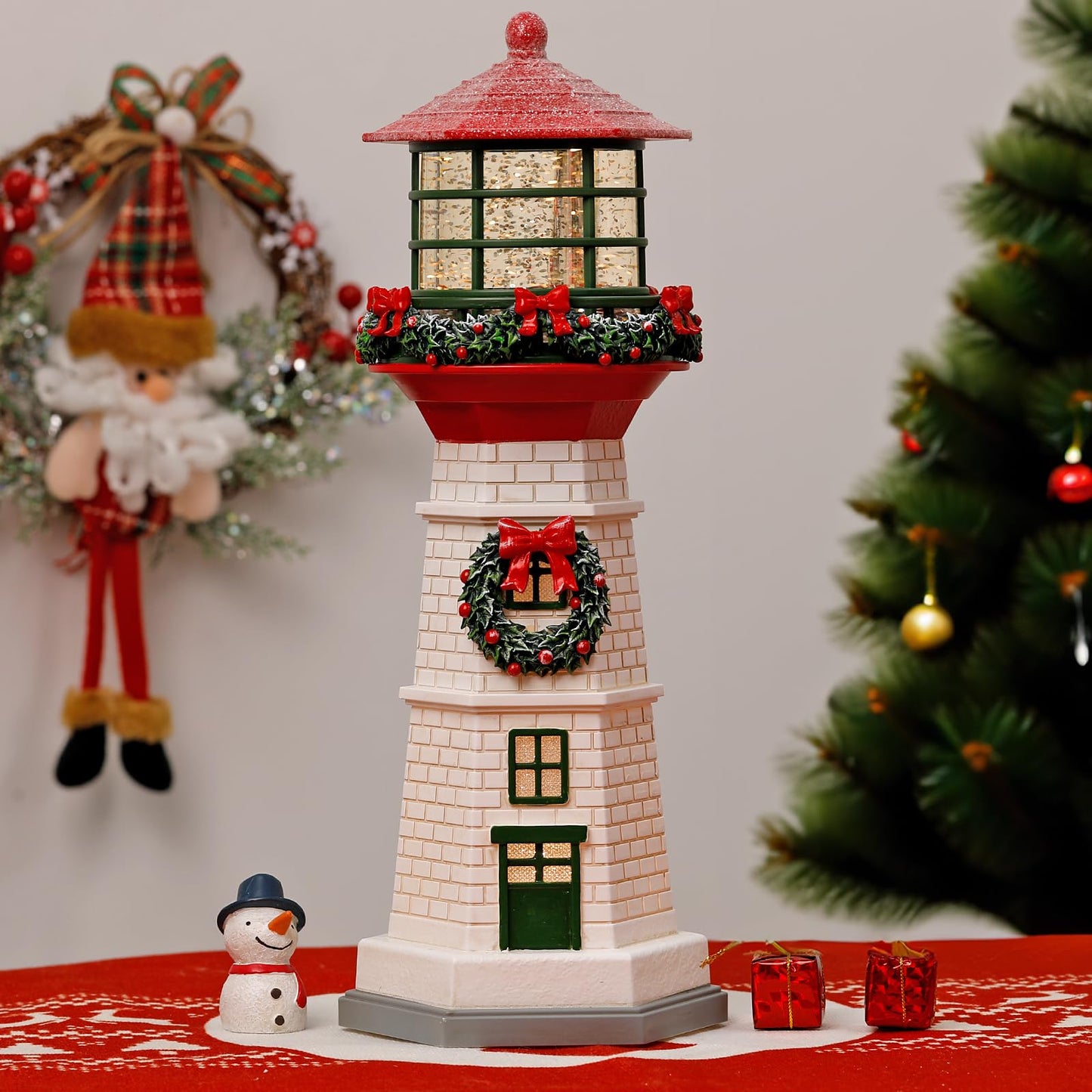 13.6" Lighthouse Snow Globe, Christmas Snow Globes Musical Lighted Glitter, Christmas Decorations USB and Battery Operated Lantern with Music, Xmas Decor for Home,White Roof