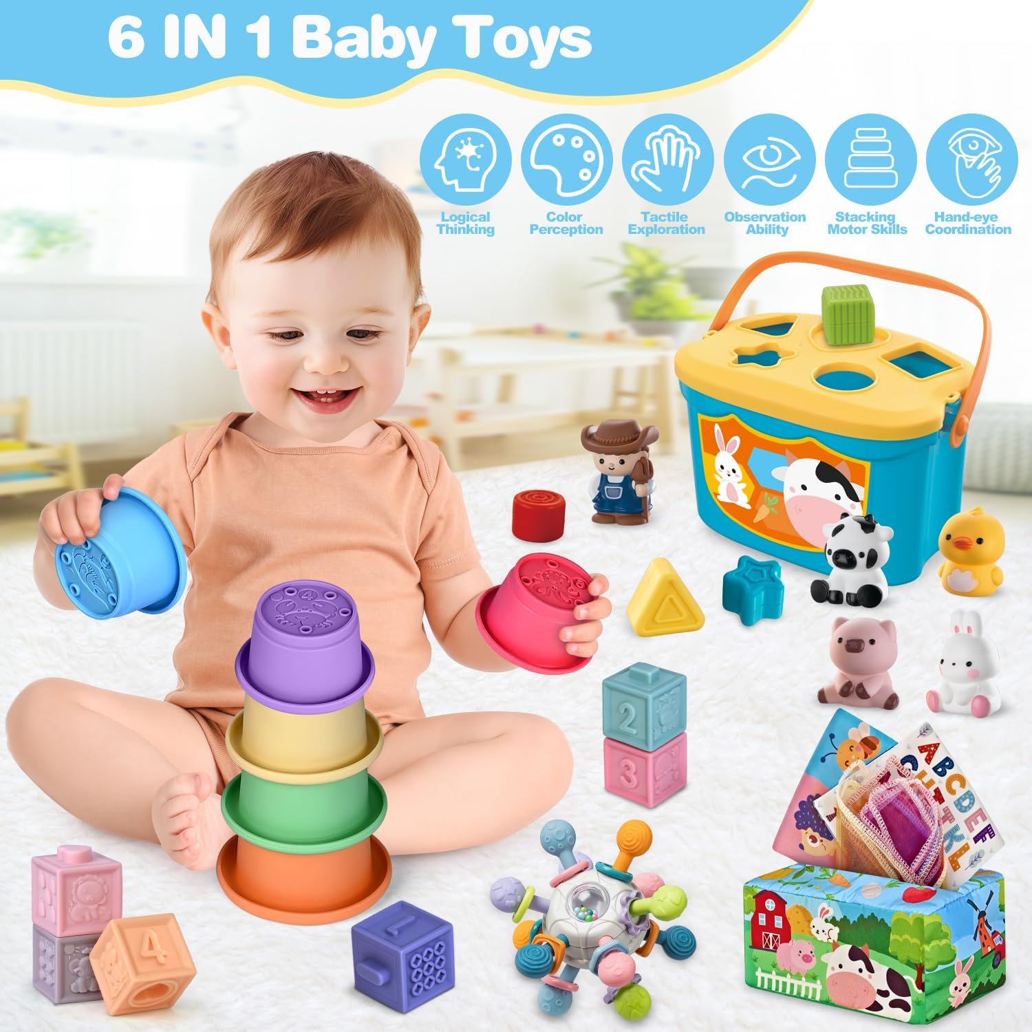 Baby Toys 6-12 Months, 6 in 1 Montessori Toys for 1 Year Old, Soft Infant Sensory Teething Toy, Stacking Cups & Blocks, Shape Sorter Blocks, Finger Puppets, Tissue Box Toy for Toddler 0-3-6-9-12 M+