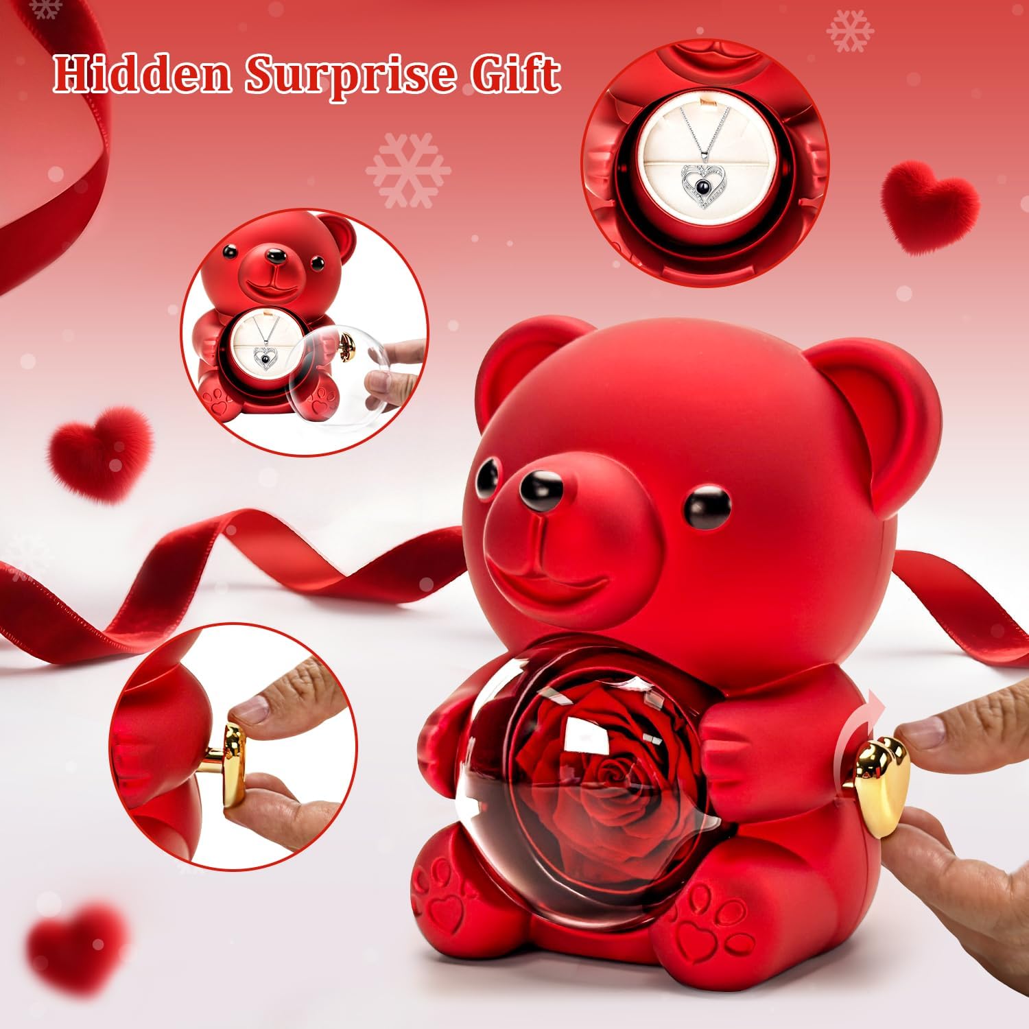 HITOP Rose Gifts for Women - Cute Teddy Bear with Preserved Real Roses Forever Flowers and I Love You in 100 Languages Necklace for Girlfriend Her Wife Mom Grandma on Birthdays, Anniversaries