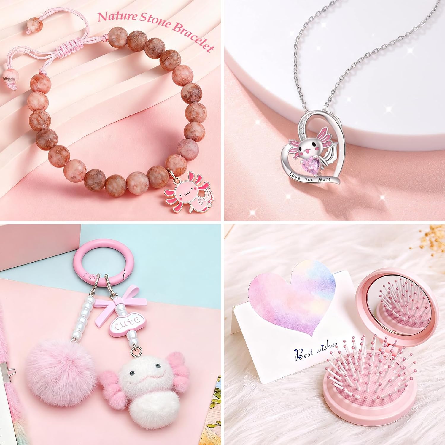 Axolotl Gifts for Girls with Plush Toy/DIY Diamond Water Bottle/Furry Keychain Purse Notebook Pen Eyemask Headband/Stone Bracelet/Necklace/Comb, Birthday Gift for Girl 4 5 6 7 8+ Years Old