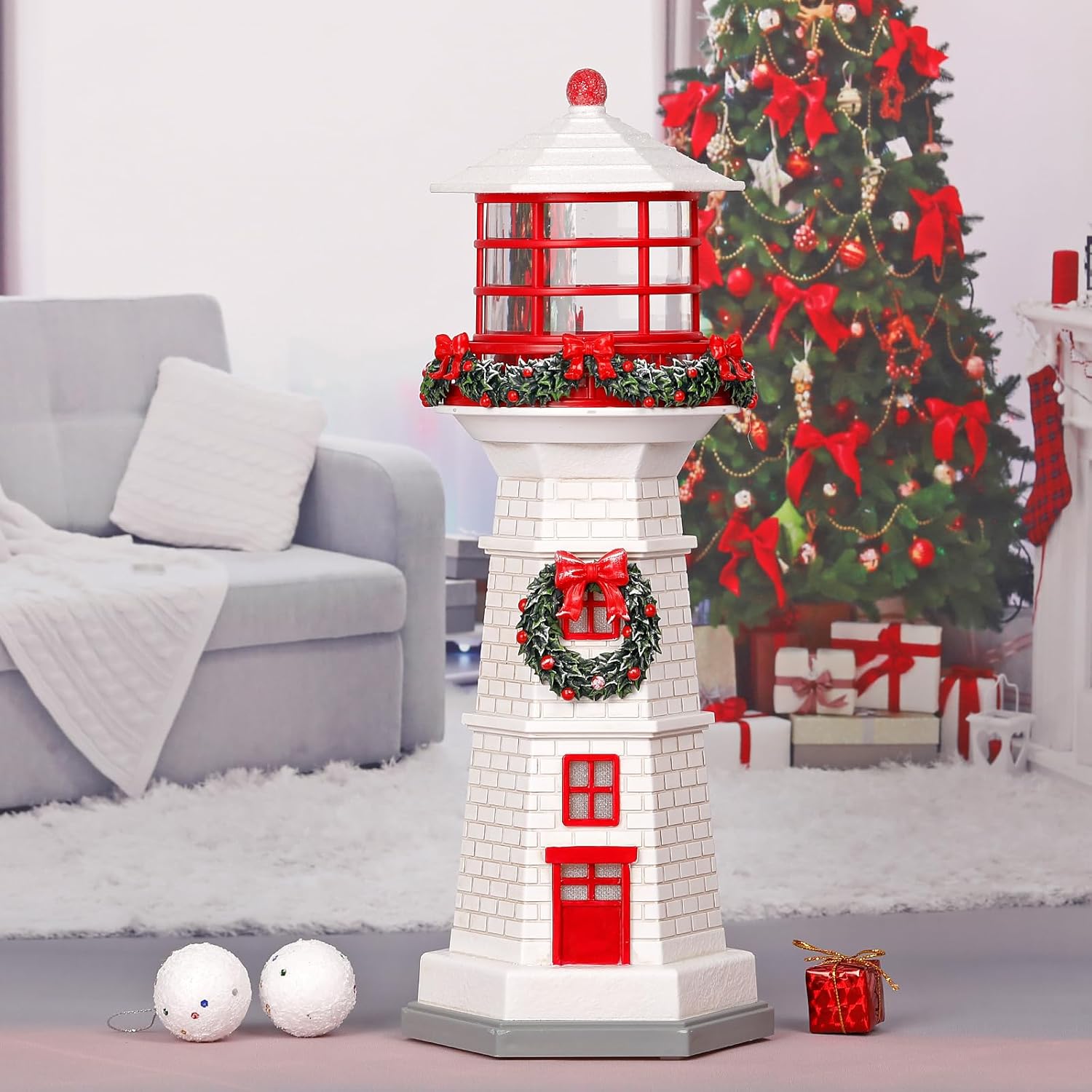 13.6" Lighthouse Snow Globe, Christmas Snow Globes Musical Lighted Glitter, Christmas Decorations USB and Battery Operated Lantern with Music, Xmas Decor for Home,White Roof