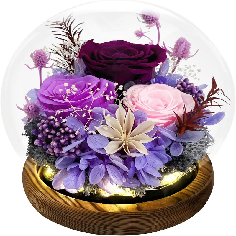 FIACO Gifts for Mom Women Birthday Preserved Flowers in Glass Dome Forever Fresh Flowers for Delivery Prime Long-Lasting Eternal Roses Gifts for Grandma Sister Daughter Wife Her Girlfriend Purple