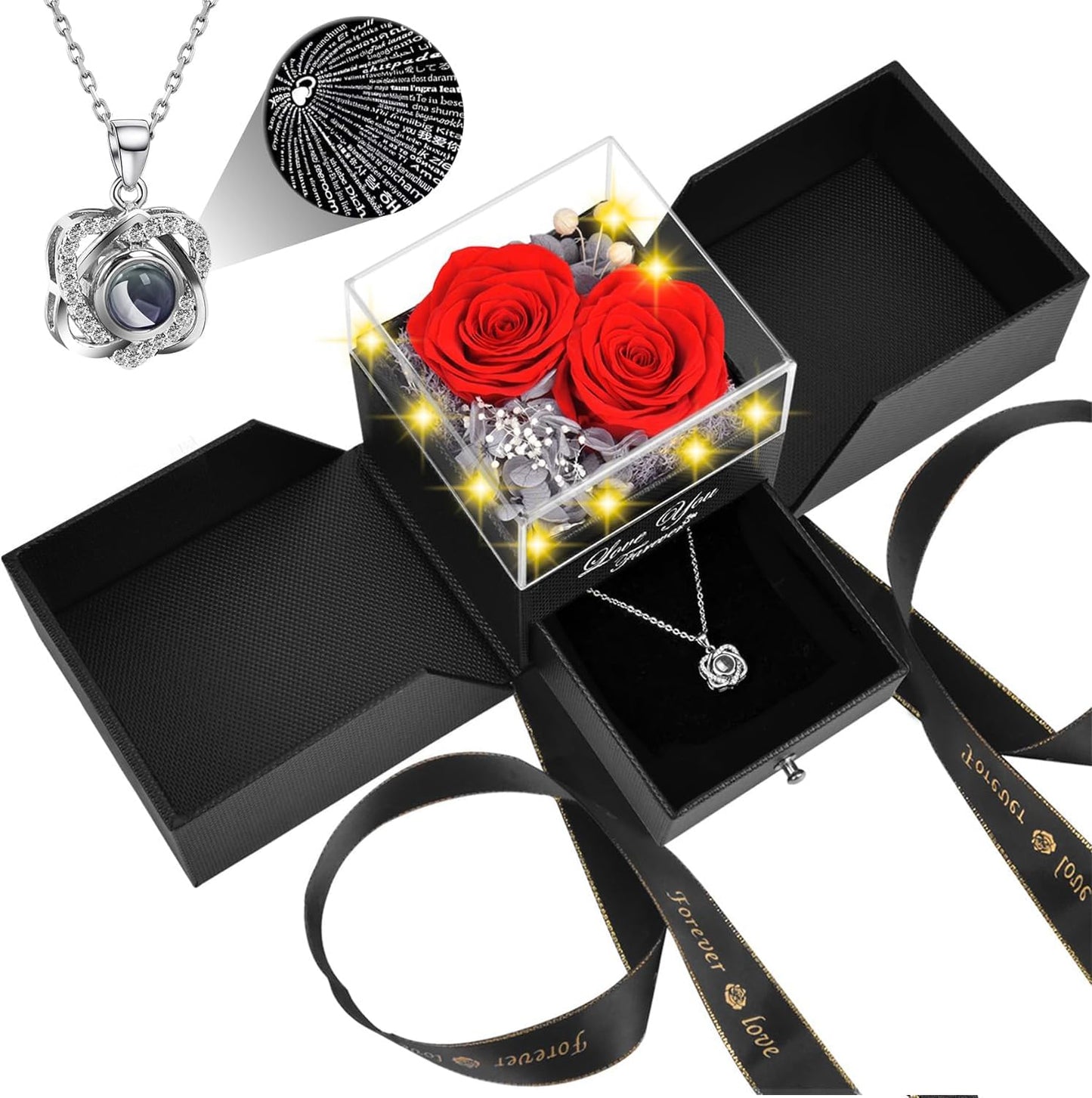 Preserved Red Real Rose with Heart I Love You Necklace -Eternal Flowers Rose Birthday Gifts for Women Her Mom Wife Girlfriend Grandma on Valentines Mothers Day Christmas Anniversary Romantic-Red