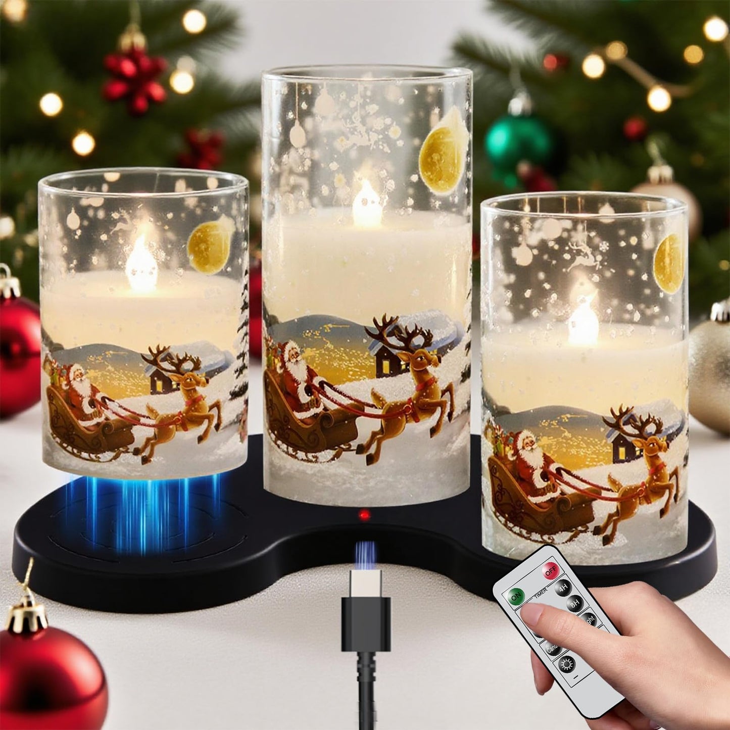 DRomance Snowman Glass Flameless Candles Battery Operated with Remote and Timer Real Wax LED Flickering Pillar Candles White Cold Light Window Christmas Holiday Decor D3 x 4",5",6"