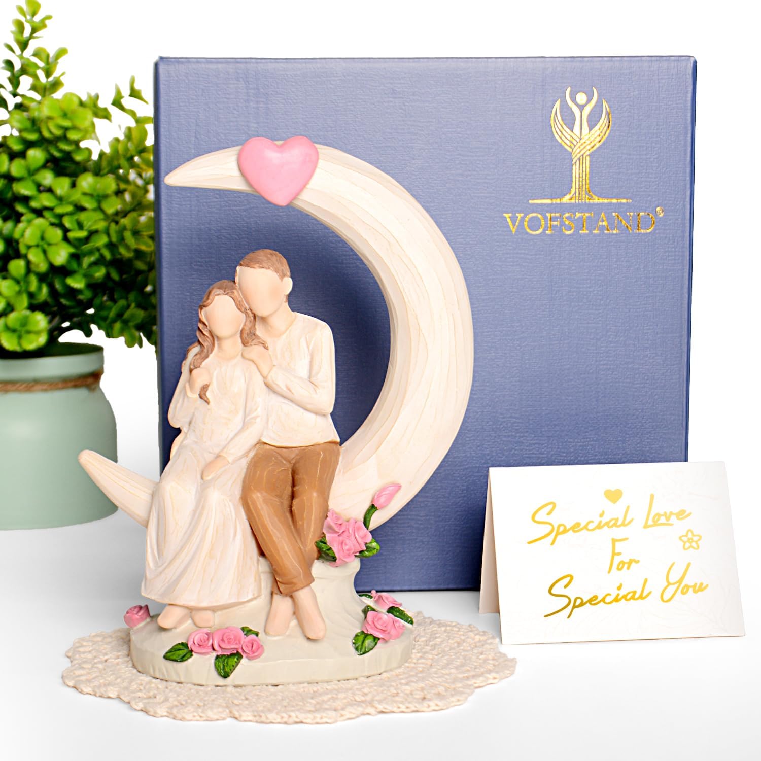 Wedding Anniversary Figurine Gifts for Couple - Romantic Anniversary Engagement Gifts for Wife Women Girlfriend Her, Couple on Moon with Roses Resin Statue for Valentine's Day