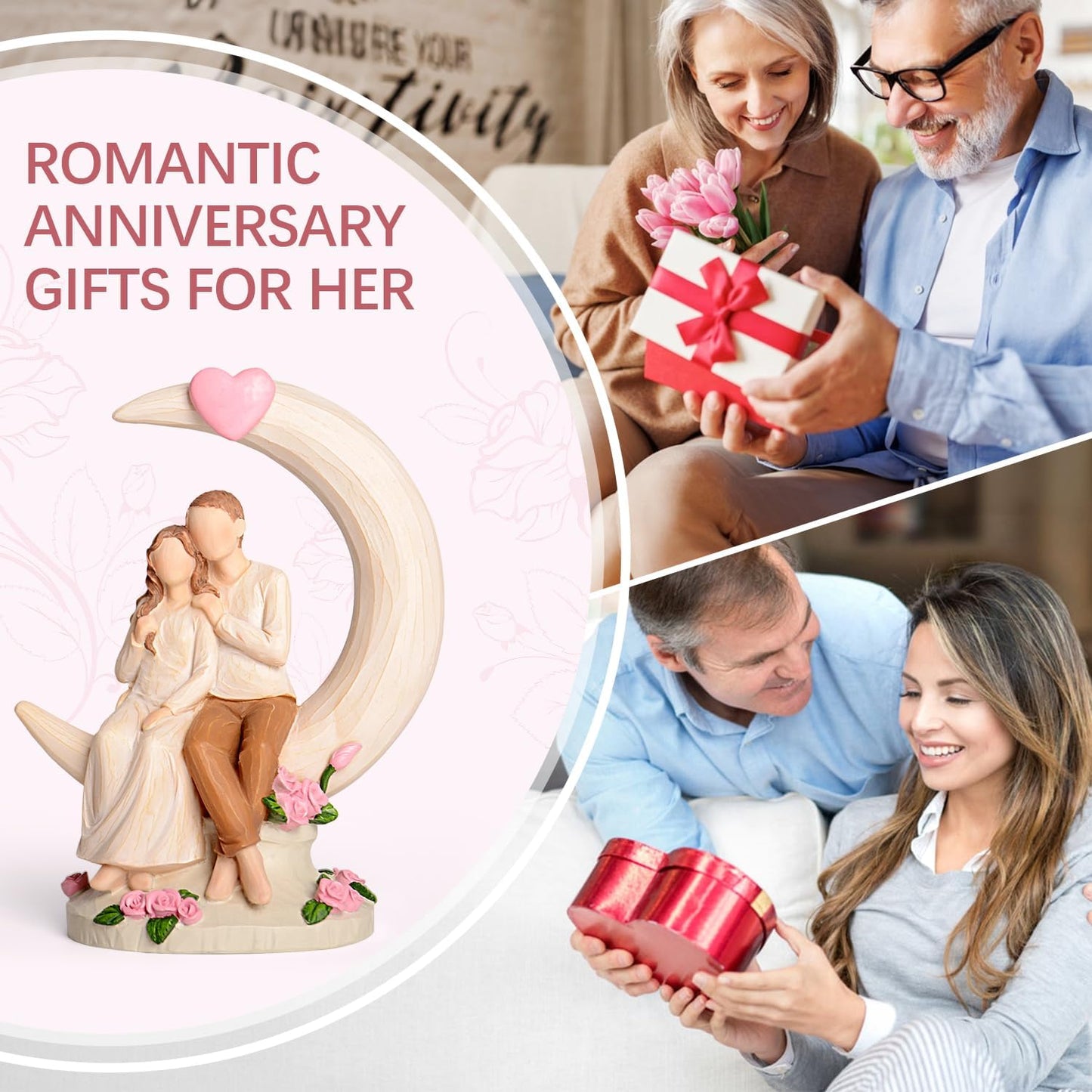 Wedding Anniversary Figurine Gifts for Couple - Romantic Anniversary Engagement Gifts for Wife Women Girlfriend Her, Couple on Moon with Roses Resin Statue for Valentine's Day