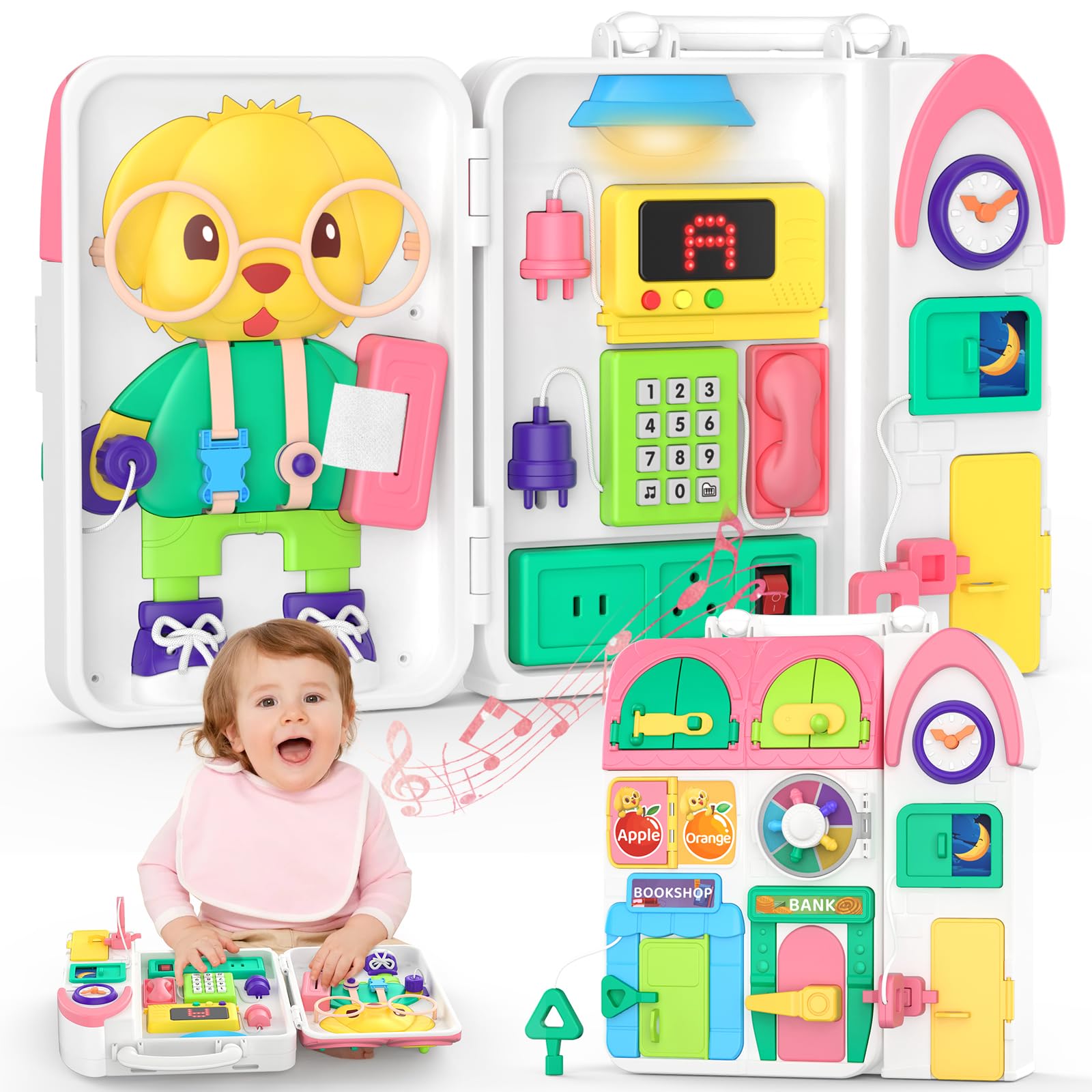 Toddler Toys for 1-2 Year Old Boy, Musical Montessori Busy Board, Early Educational Toy for Toddlers 1-3, Motor Skills Developmental Toy for 12-18 Month Age, Birthday Gift for 1+ Year Old Boy Girl