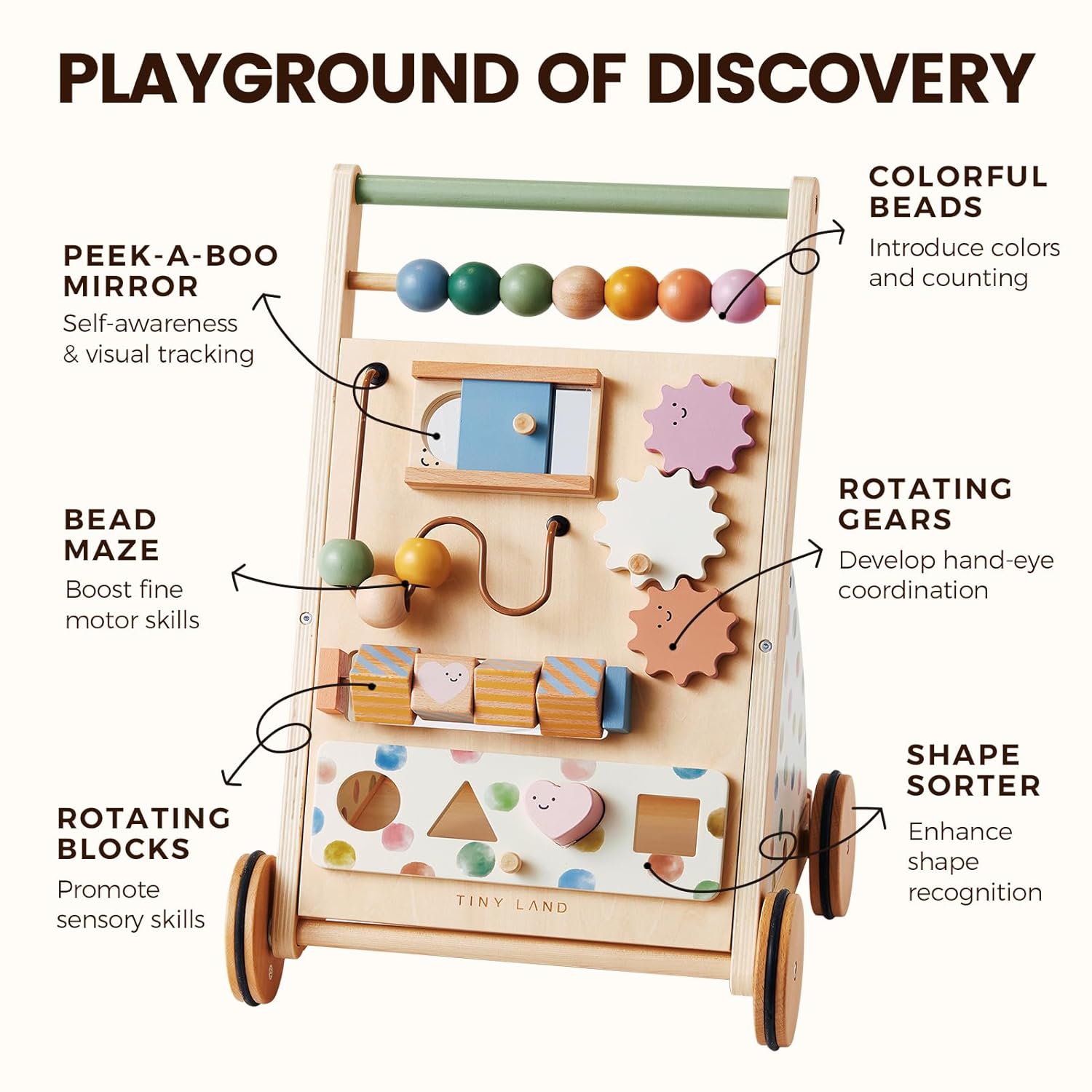 Tiny Land Wooden Baby Walker with Adjustable Speed, Montessori Activity Push Walker Toy for Toddlers, Baby Gift Parents Love for Boys & Girls(Morandi)