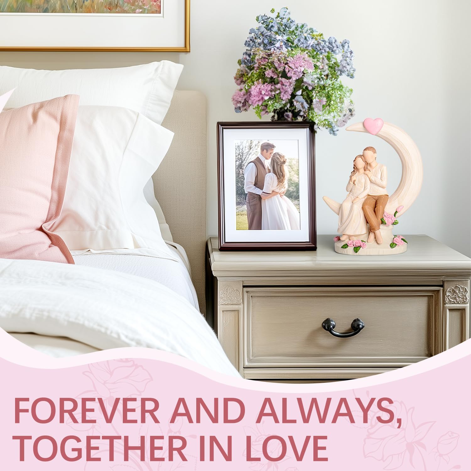 Wedding Anniversary Figurine Gifts for Couple - Romantic Anniversary Engagement Gifts for Wife Women Girlfriend Her, Couple on Moon with Roses Resin Statue for Valentine's Day