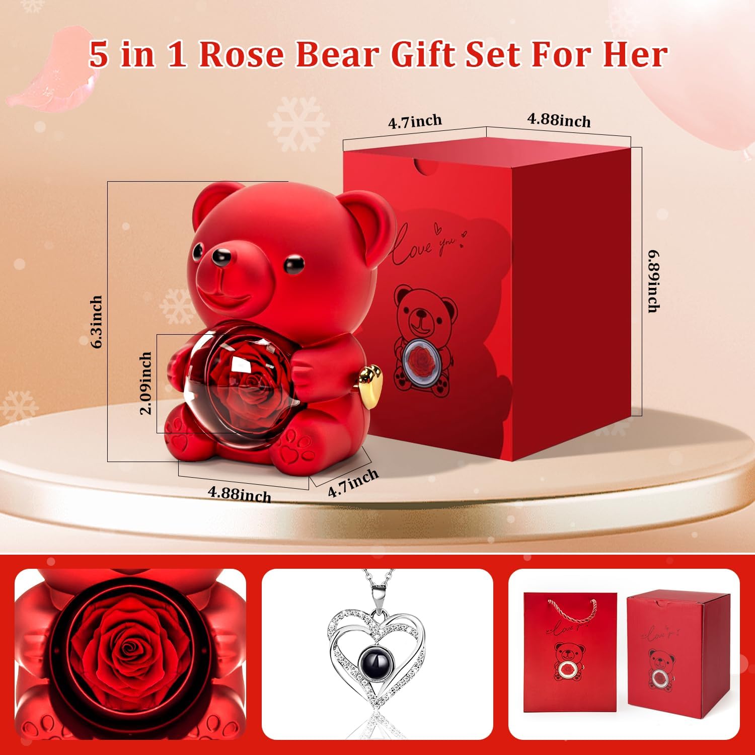 HITOP Rose Gifts for Women - Cute Teddy Bear with Preserved Real Roses Forever Flowers and I Love You in 100 Languages Necklace for Girlfriend Her Wife Mom Grandma on Birthdays, Anniversaries