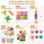 JoyCat Baby Toys 6-12 Months, Montessori Sensory Baby Toy Set with Stacking Cups, Soft Blocks, Tissue Box Toy, Spinner Toys, Sensory Balls, Cloth Book, Infant Learning Toys, Baby Shower Gift