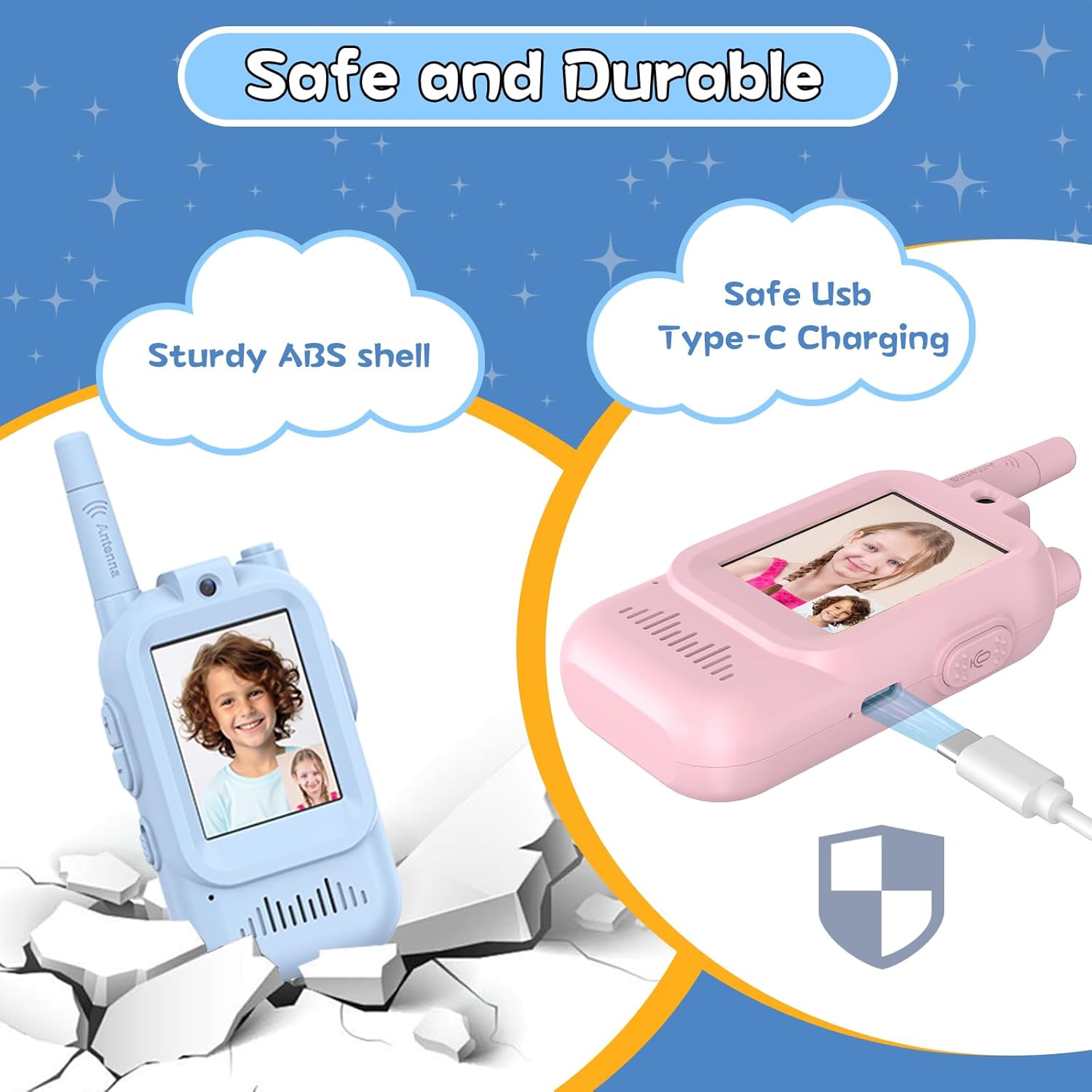 Walkie Talkies for Kids Pack of 2, Rechargeable Long Range Two Way Radios Toys for Boys Girls Age 3-5, Outdoor Adventure Camping Hiking, Birthday with Pink Blue Design