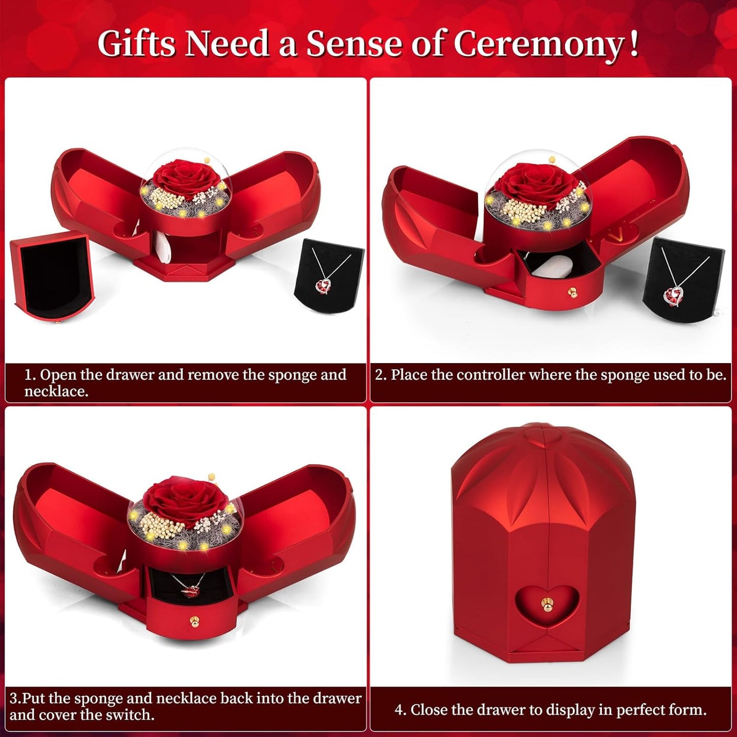 Preserved Real Red Rose with Necklace Forever Flowers Rose Birthday Gifts for Women Her Mom Wife Girlfriend Grandma on Valentines Mothers Day Sweetest Day Christmas Anniversary Romantic-Red