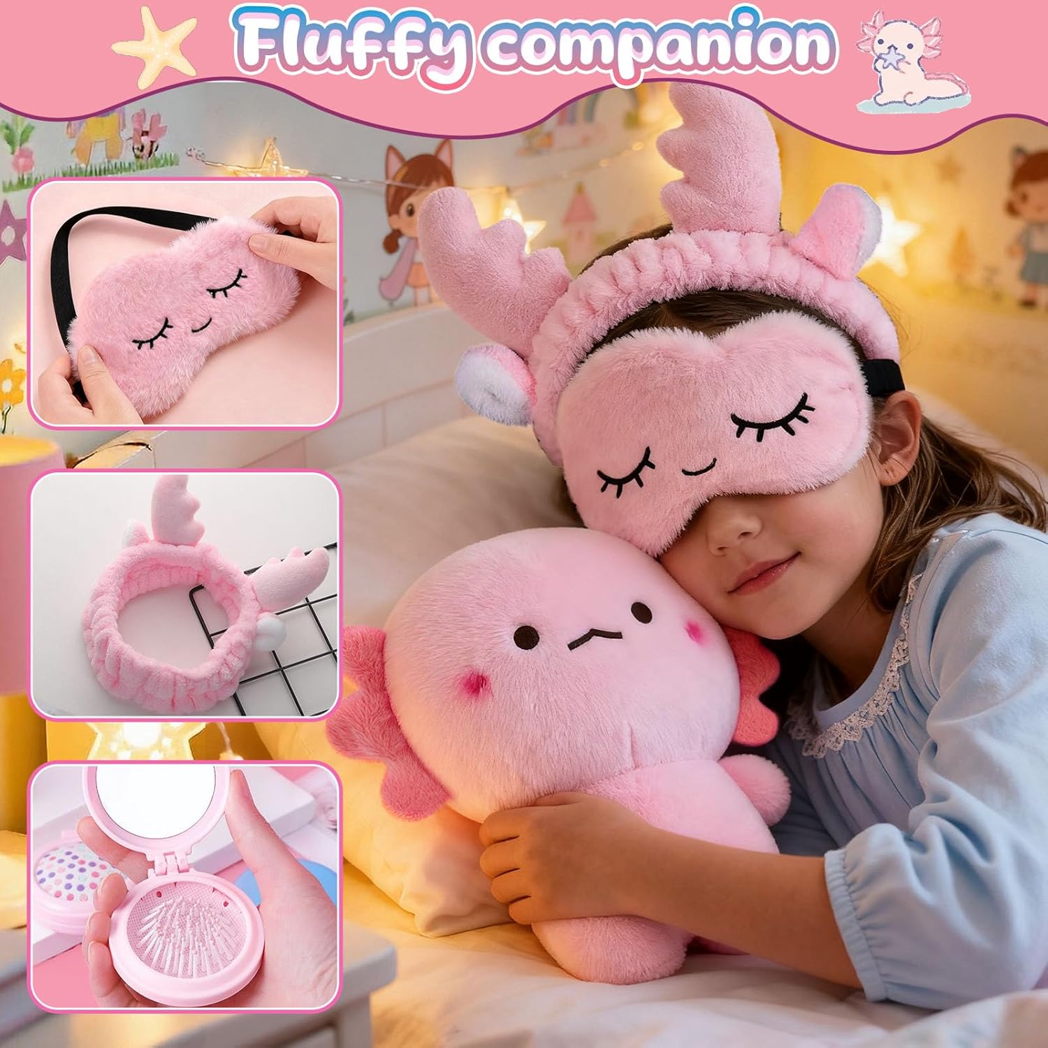 Axolotl Gifts for Girls with Plush Toy/DIY Diamond Water Bottle/Furry Keychain Purse Notebook Pen Eyemask Headband/Stone Bracelet/Necklace/Comb, Birthday Gift for Girl 4 5 6 7 8+ Years Old