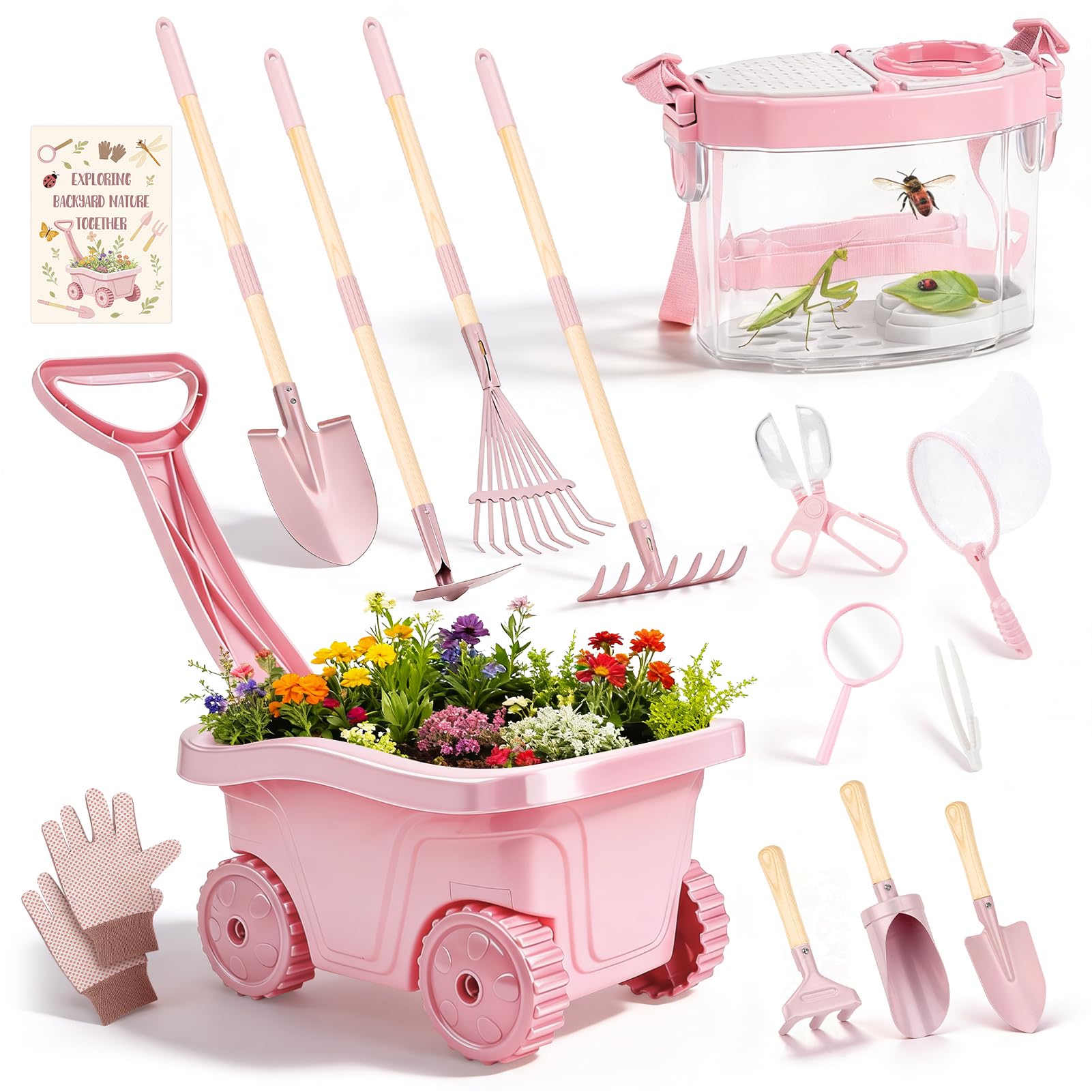 Dreamon Kids Gardening Tools & Bug Catcher Kit, 2-in-1 Outdoor Toys with Wheelbarrow and Bug House, STEM Educational Toys for 3 Year Old, Birthday Gifts Outdoor Gifts for Kids 3-5, Green