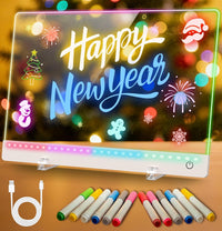 Rechargeable LED Drawing Board for Kids, 17-Inch Glow Doodle Drawing Pad with 7 Colors & 4 Light Modes, Neon Light Up Acrylic Dry Erase Note Board with Stand, Hanging Chain, 12 Markers, Birthday Gifts