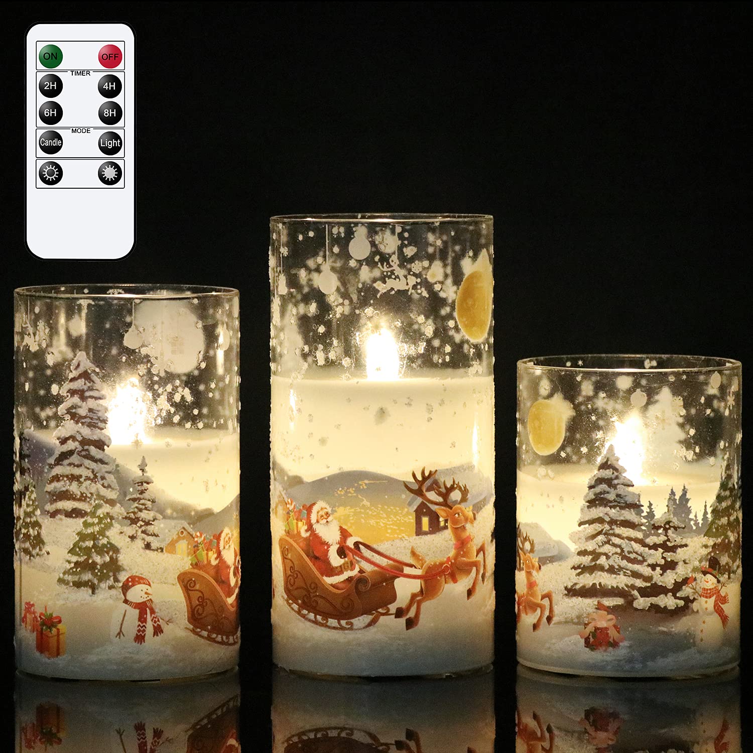 DRomance Snowman Glass Flameless Candles Battery Operated with Remote and Timer Real Wax LED Flickering Pillar Candles White Cold Light Window Christmas Holiday Decor D3 x 4",5",6"