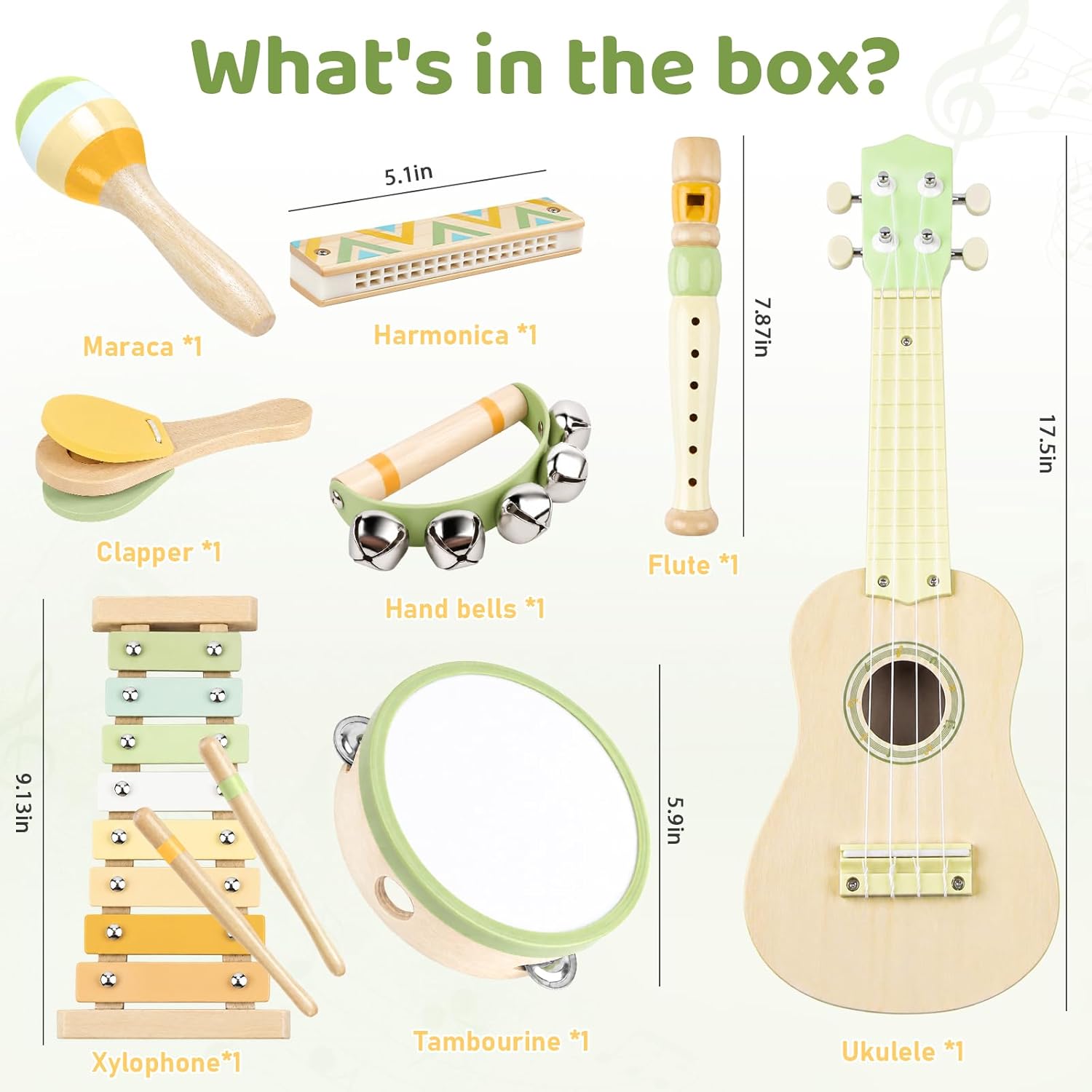 Kids Guitar Set - 8 in 1 Toddler Musical Instruments, Montessori Wooden Baby Ukulele Xylophone Tambourine Maracas Flute, Toy Guitar for Toddler 1-3, Mini Guitar Set Toddler Gifts for 2 Year Old