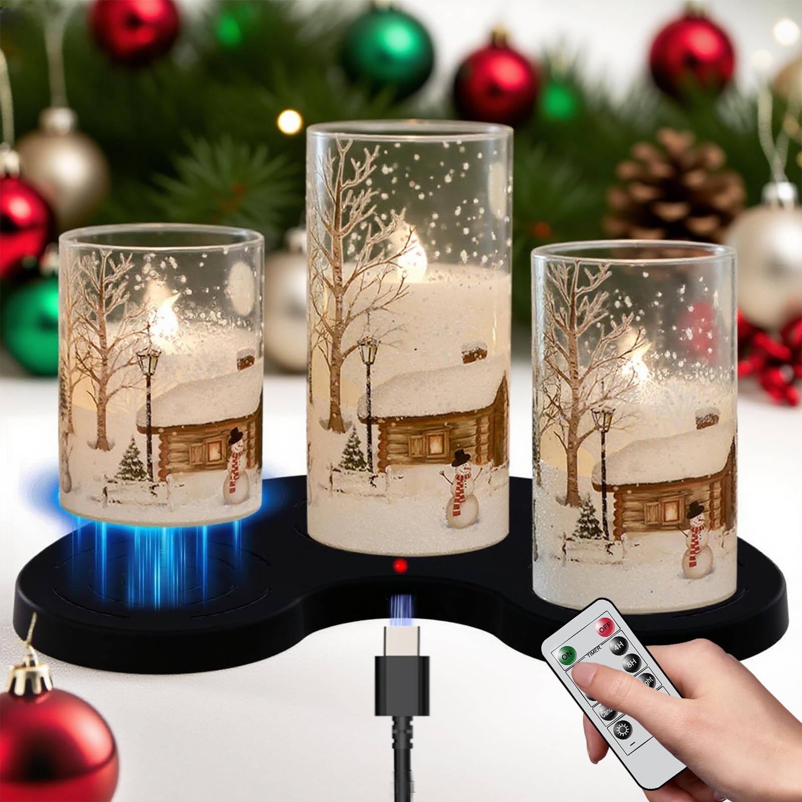 DRomance Snowman Glass Flameless Candles Battery Operated with Remote and Timer Real Wax LED Flickering Pillar Candles White Cold Light Window Christmas Holiday Decor D3 x 4",5",6"