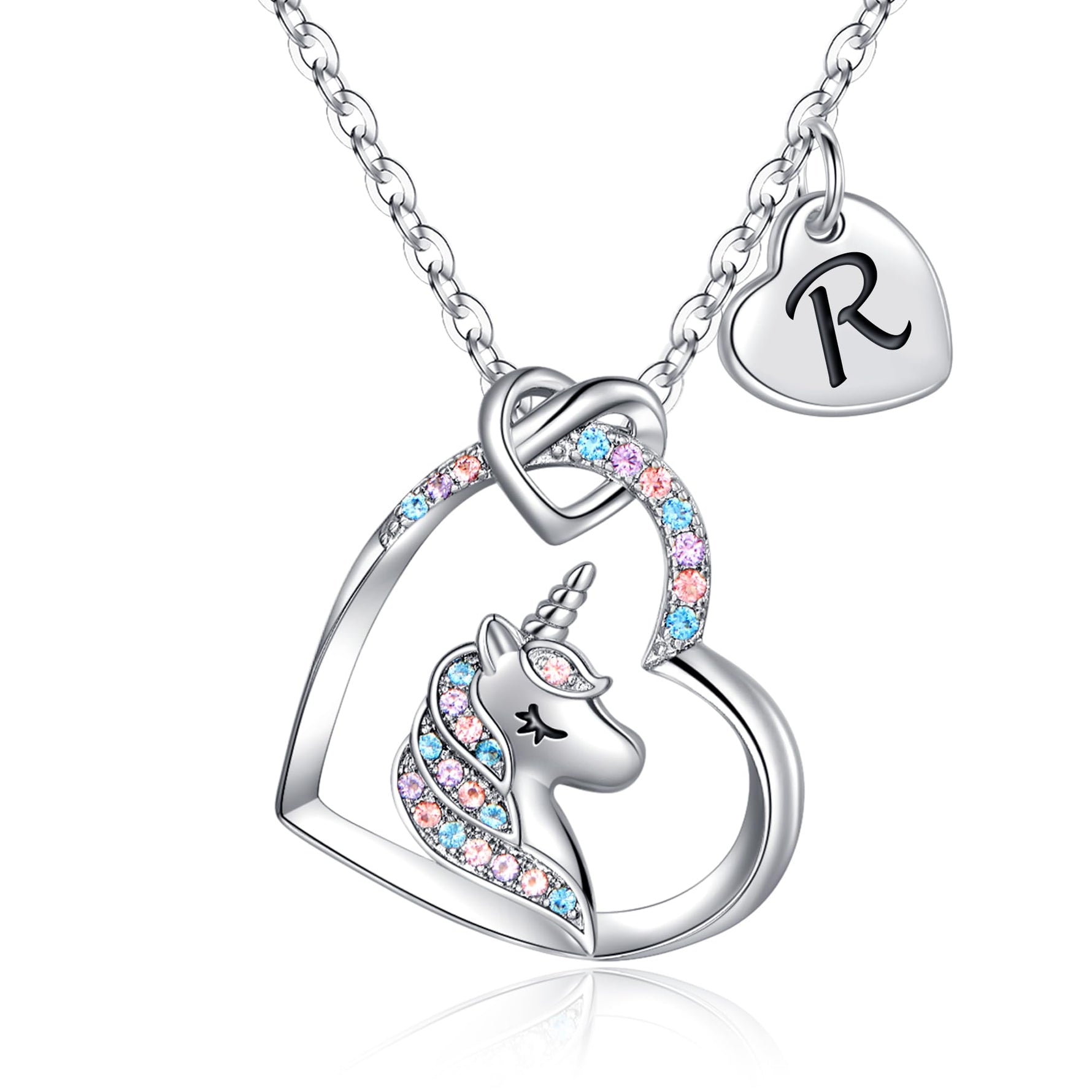 Hidepoo Unicorn Gifts for Girls Necklace - Colorful CZ Heart Pendant Initial Unicorn Necklaces for Girl Kids Litter Girl Unicorns Jewelry Birthday Gifts for Girls Kids