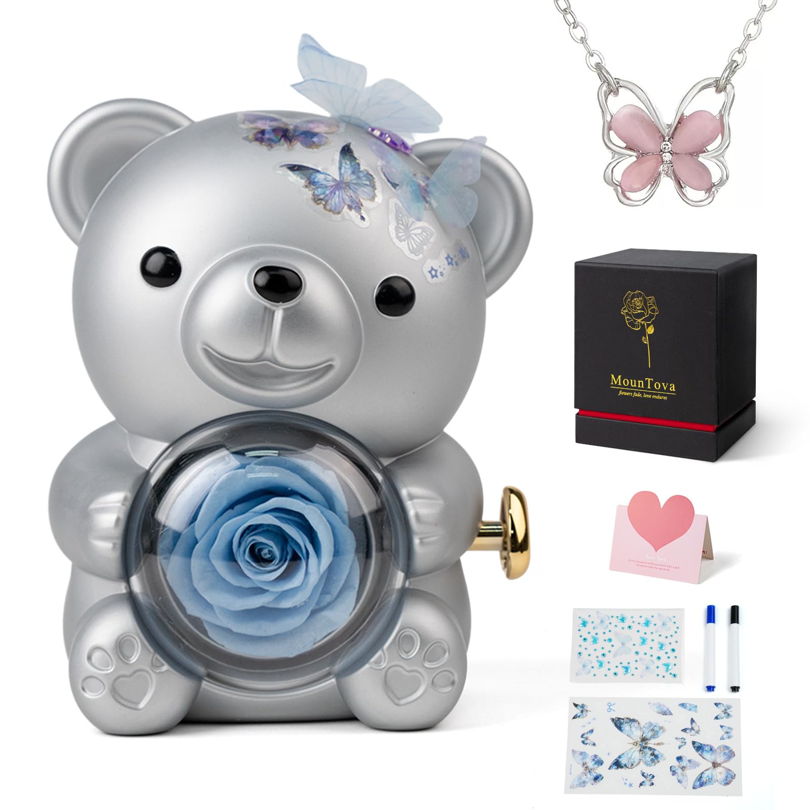 Cute Teddy Bear with Preserved Rose and Necklace, Elegant Bear Roses Gifts with Hidden Jewelry Box for Women, Girlfriend, Wife, Sister, Valentines Day Gift, Forever Eternal Rose Flower Decor