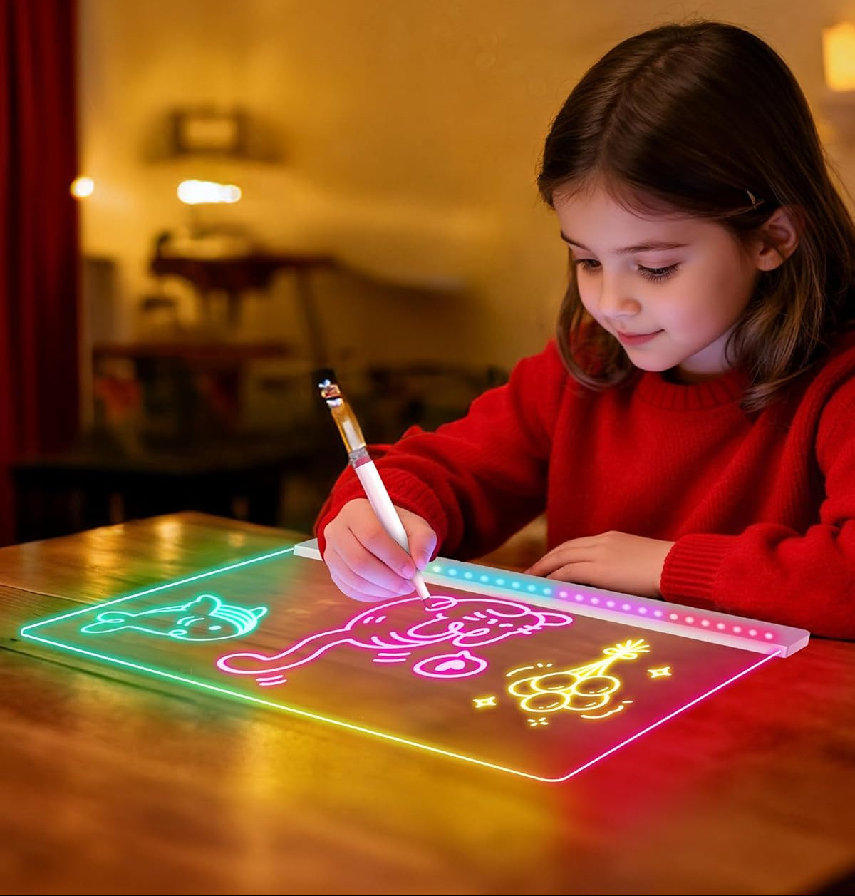Rechargeable LED Drawing Board for Kids, 17-Inch Glow Doodle Drawing Pad with 7 Colors & 4 Light Modes, Neon Light Up Acrylic Dry Erase Note Board with Stand, Hanging Chain, 12 Markers, Birthday Gifts