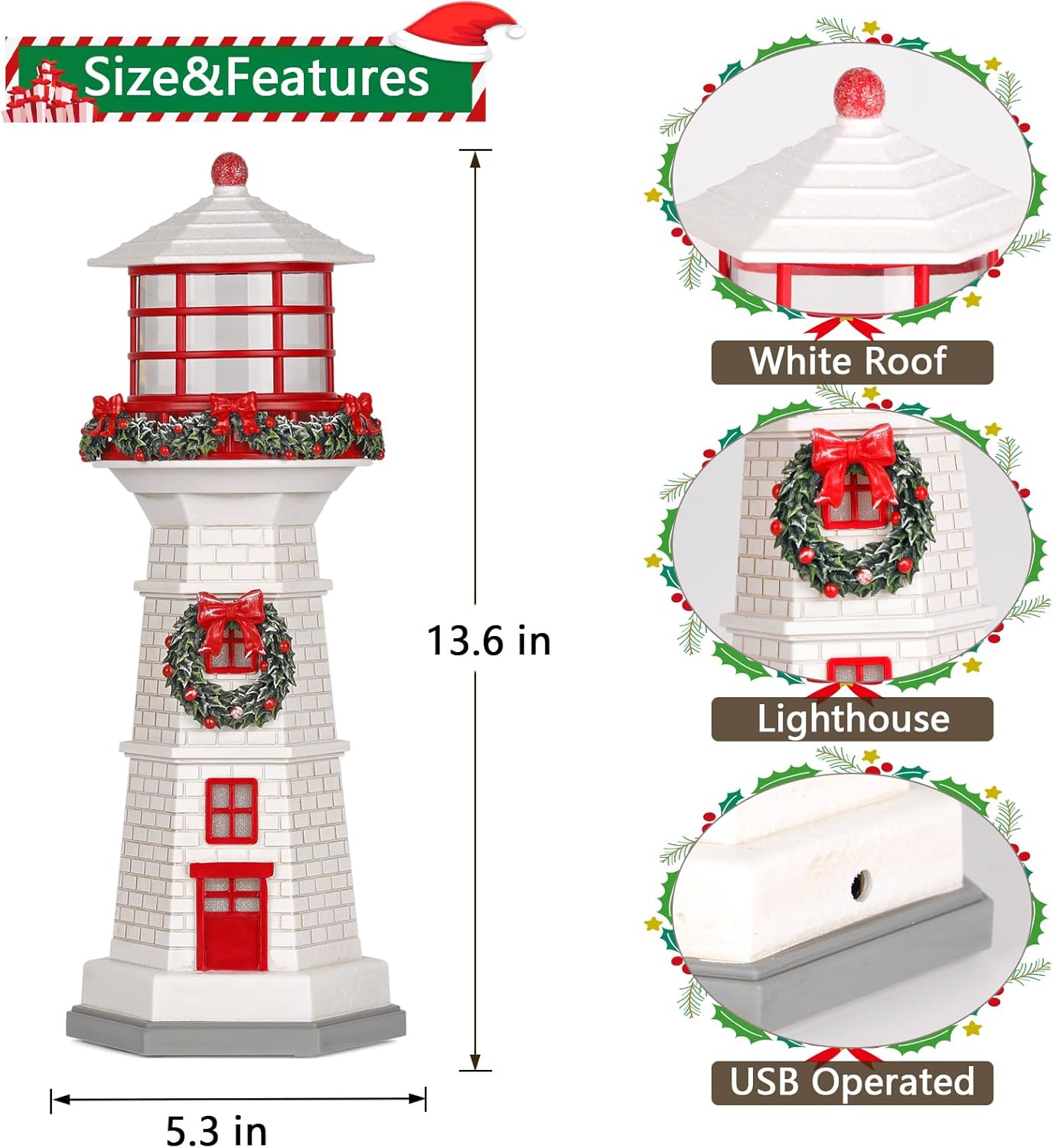 13.6" Lighthouse Snow Globe, Christmas Snow Globes Musical Lighted Glitter, Christmas Decorations USB and Battery Operated Lantern with Music, Xmas Decor for Home,White Roof