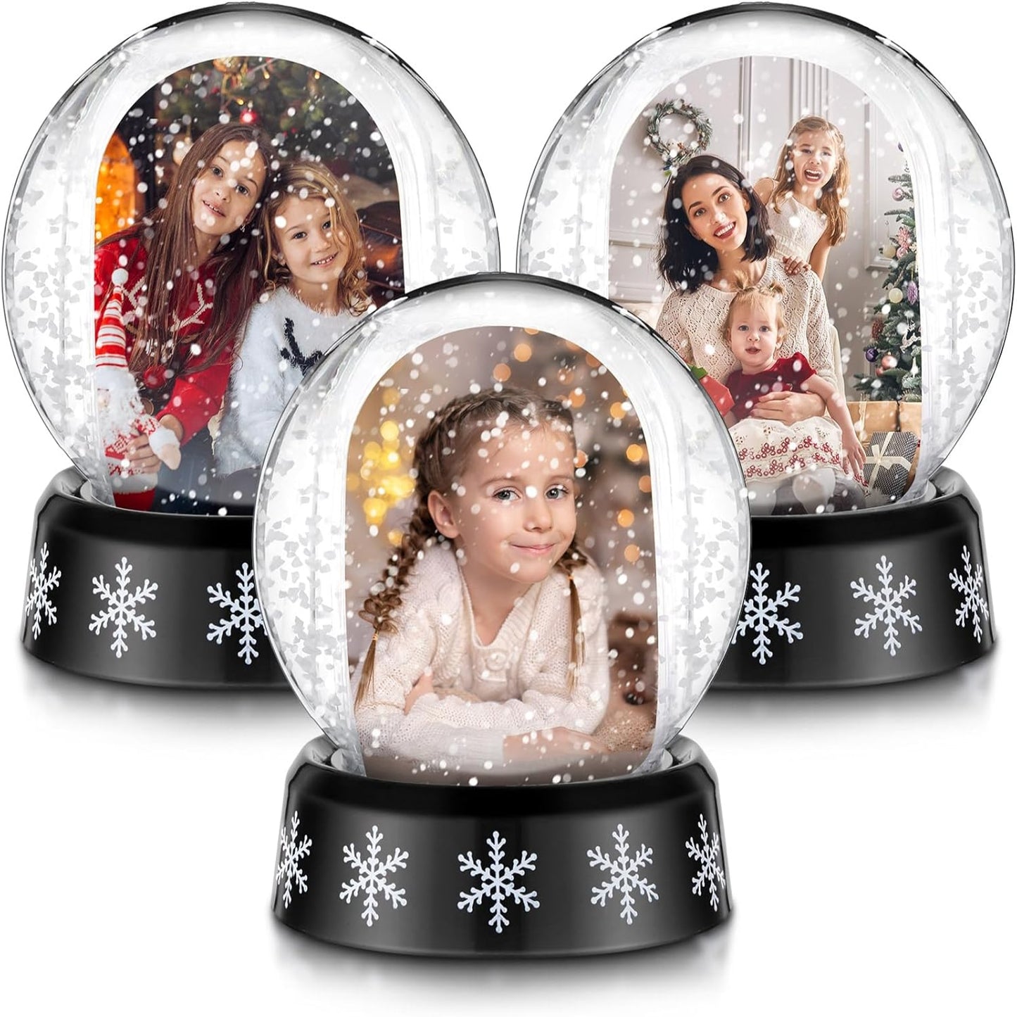 Christmas Photo Snow Globe with Base Snow Globe Photo Frame Clear Plastic Snow Water Globe Picture Frame Christmas Crafts Double Sided Display for Xmas Home Decoration Gift(3 Pcs)
