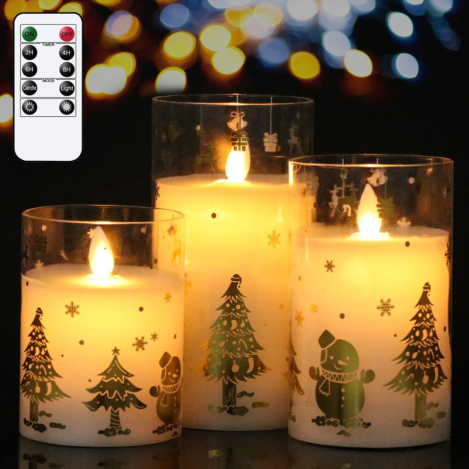 DRomance Snowman Glass Flameless Candles Battery Operated with Remote and Timer Real Wax LED Flickering Pillar Candles White Cold Light Window Christmas Holiday Decor D3 x 4",5",6"