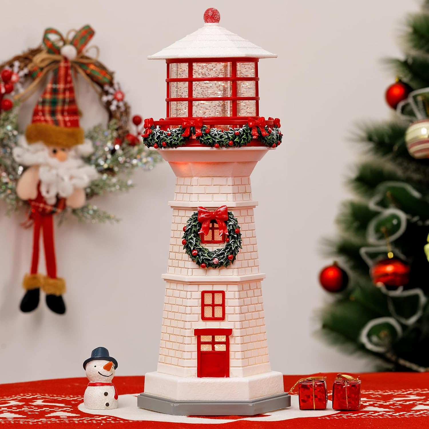 13.6" Lighthouse Snow Globe, Christmas Snow Globes Musical Lighted Glitter, Christmas Decorations USB and Battery Operated Lantern with Music, Xmas Decor for Home,White Roof