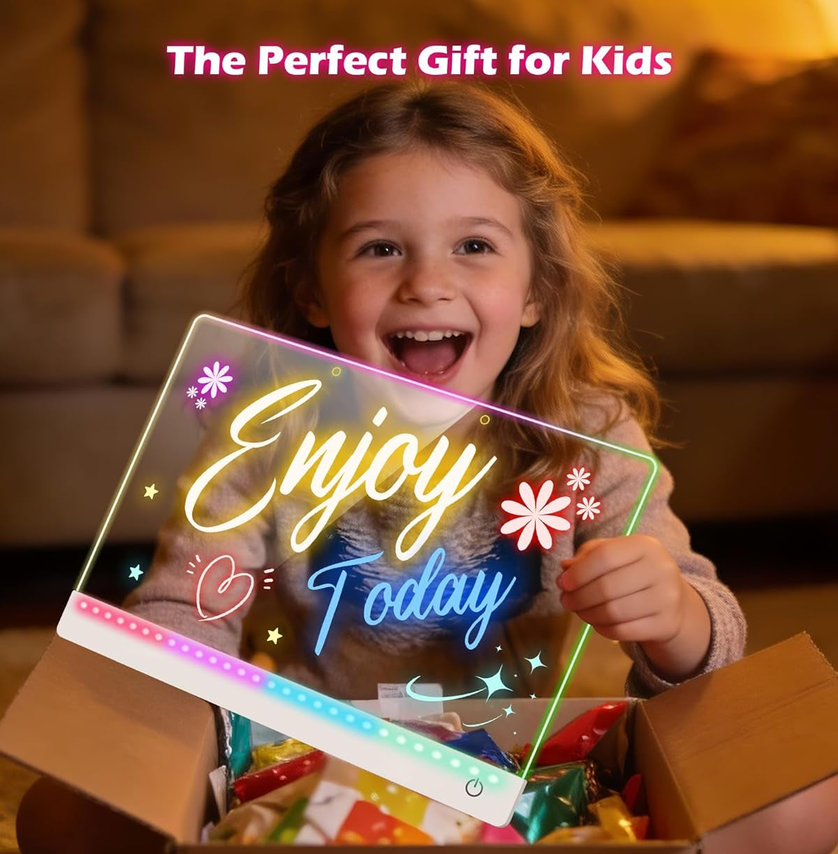 Rechargeable LED Drawing Board for Kids, 17-Inch Glow Doodle Drawing Pad with 7 Colors & 4 Light Modes, Neon Light Up Acrylic Dry Erase Note Board with Stand, Hanging Chain, 12 Markers, Birthday Gifts