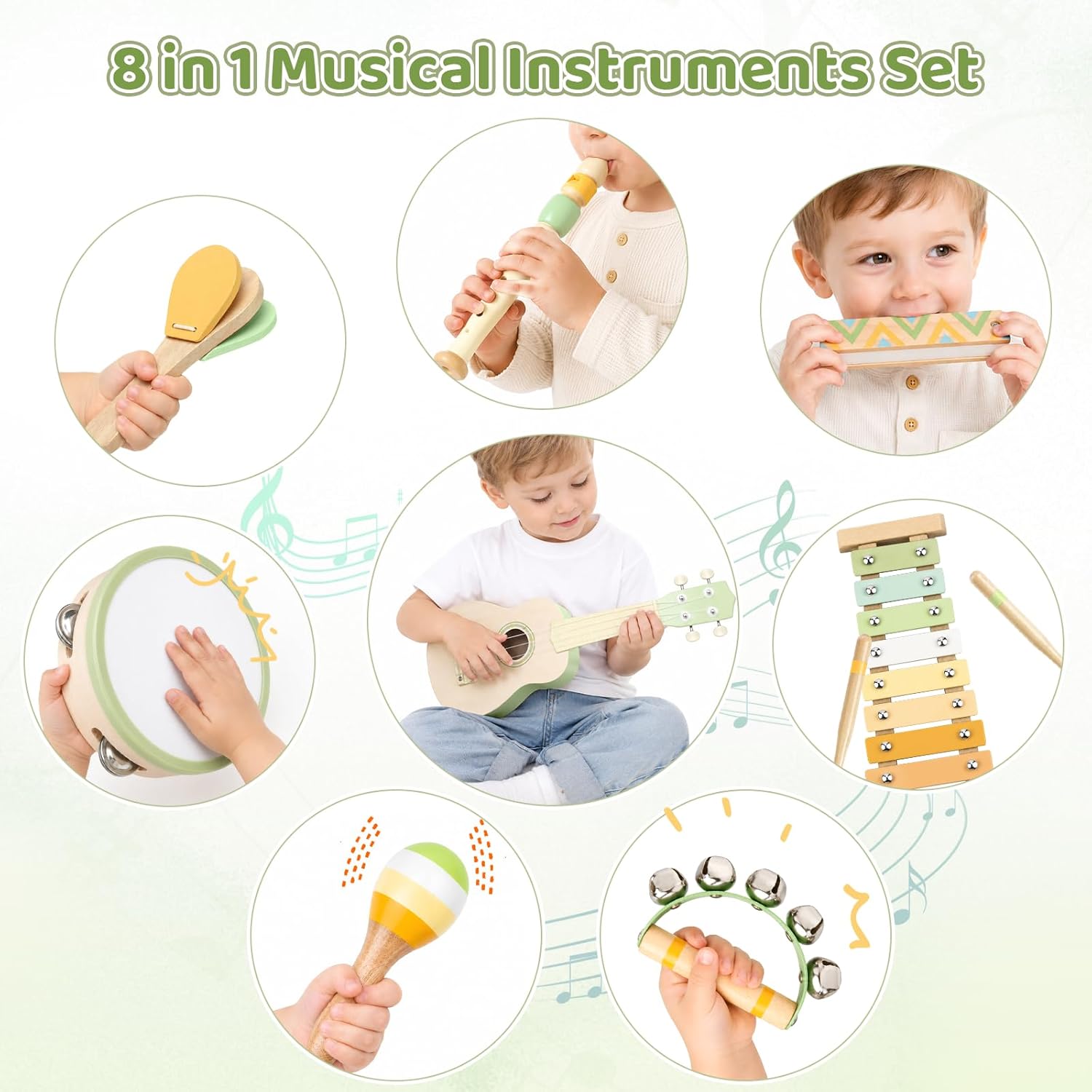 Kids Guitar Set - 8 in 1 Toddler Musical Instruments, Montessori Wooden Baby Ukulele Xylophone Tambourine Maracas Flute, Toy Guitar for Toddler 1-3, Mini Guitar Set Toddler Gifts for 2 Year Old