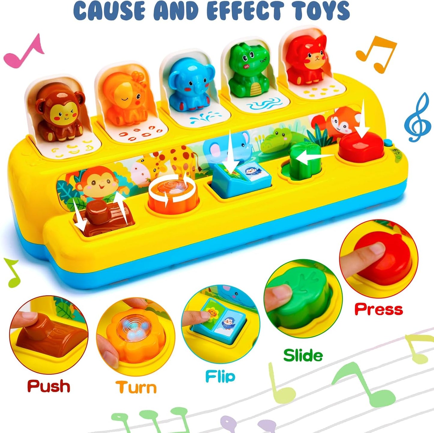 Interactive Pop up Animal Toys with Music & Light, Montessori Cause and Effect Toys for 1 Year Old Boy Girl Early Learning Musical Baby Toy 9-12-18 Months STEM Toddler Toy Age 1-2 Gift for Infant
